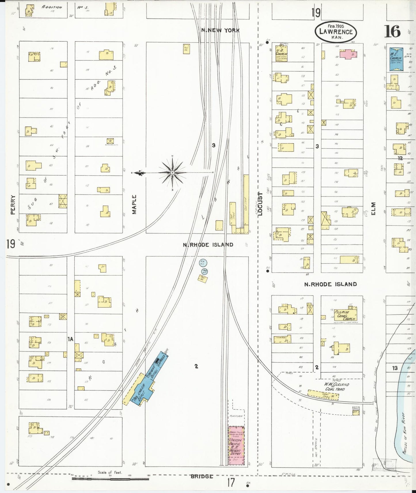 Sanborn Fire Insurance Map from Lawrence, Douglas County, Kansas (1905), Sheet #0016 - Historic Sanborn Fire Insurance Map Print, vintage old map wall art, antique decor, genealogy gift, Kansas Kansas map