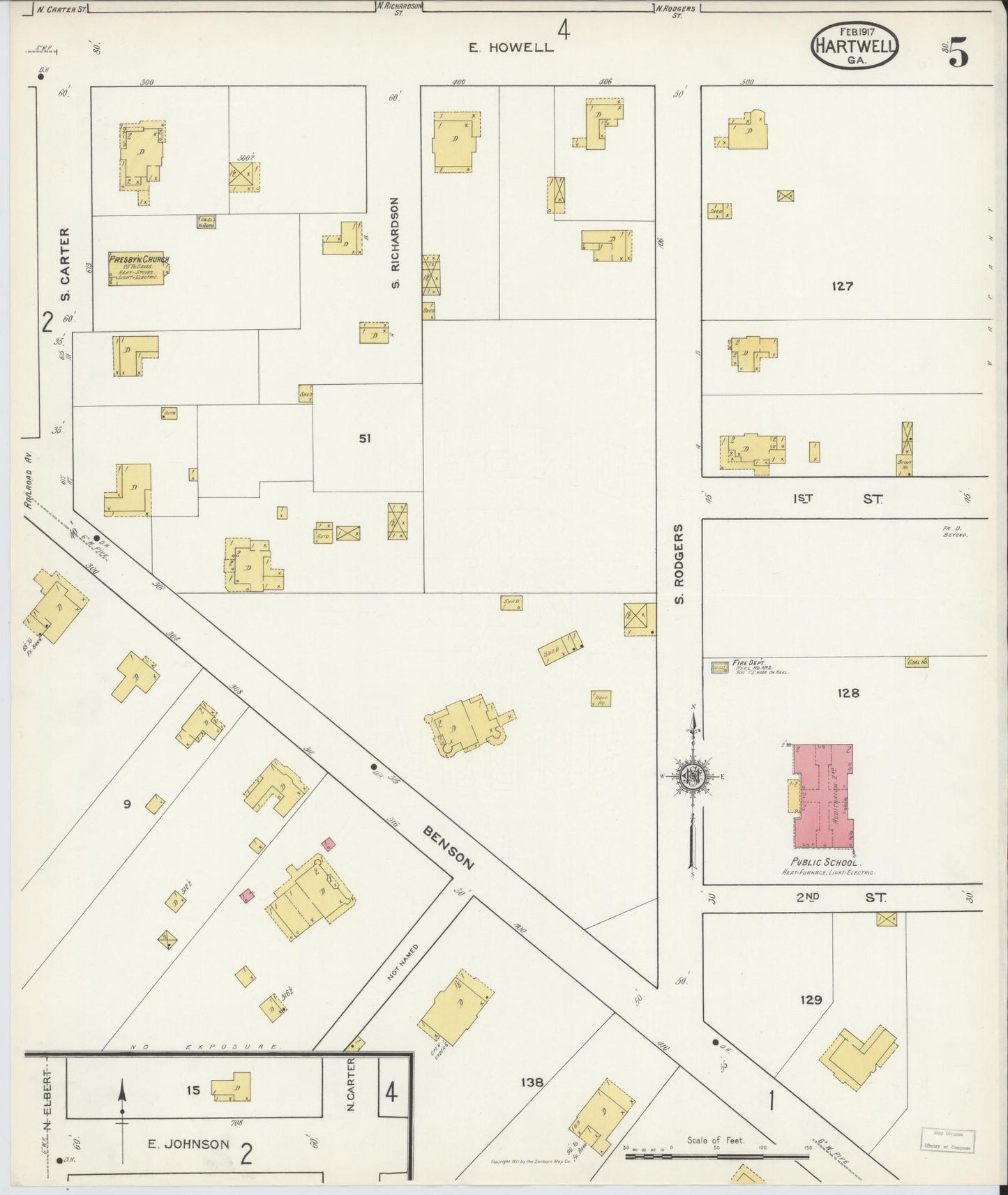Sanborn Fire Insurance Map from Hartwell, Hart County, Georgia (1917), Sheet #0005 - Complete Map Set gallery image, historic Sanborn map, vintage wall art, Georgia Georgia
