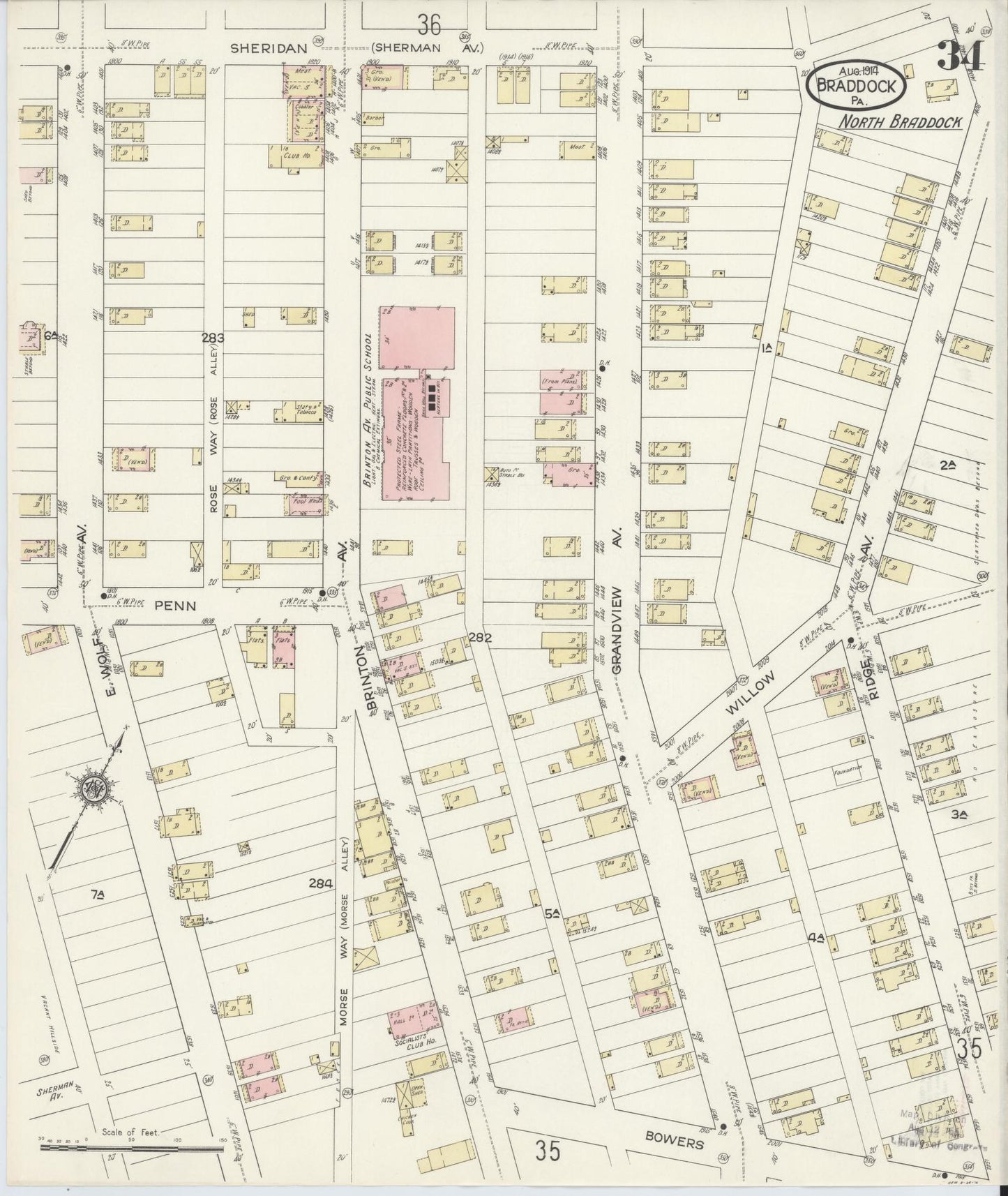 Sanborn Fire Insurance Map from Braddock, Allegheny County, Pennsylvania (1914), Sheet #0034 - Historic Sanborn Fire Insurance Map Print, vintage old map wall art, antique decor, genealogy gift, Pennsylvania Pennsylvania map