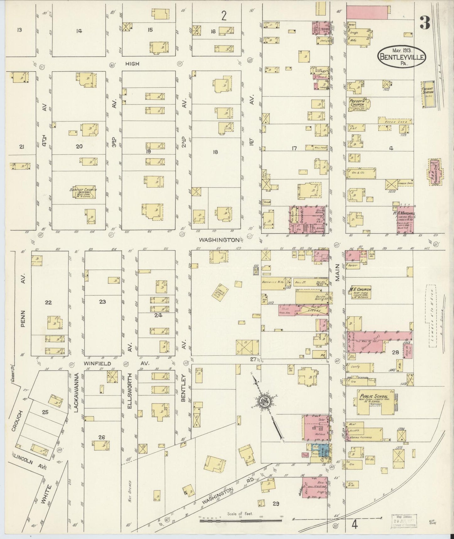 Sanborn Fire Insurance Map from Bentleyville, Washington County, Pennsylvania (1913), Sheet #0003 - Historic Sanborn Fire Insurance Map Print, vintage old map wall art, antique decor, genealogy gift, Pennsylvania Pennsylvania map