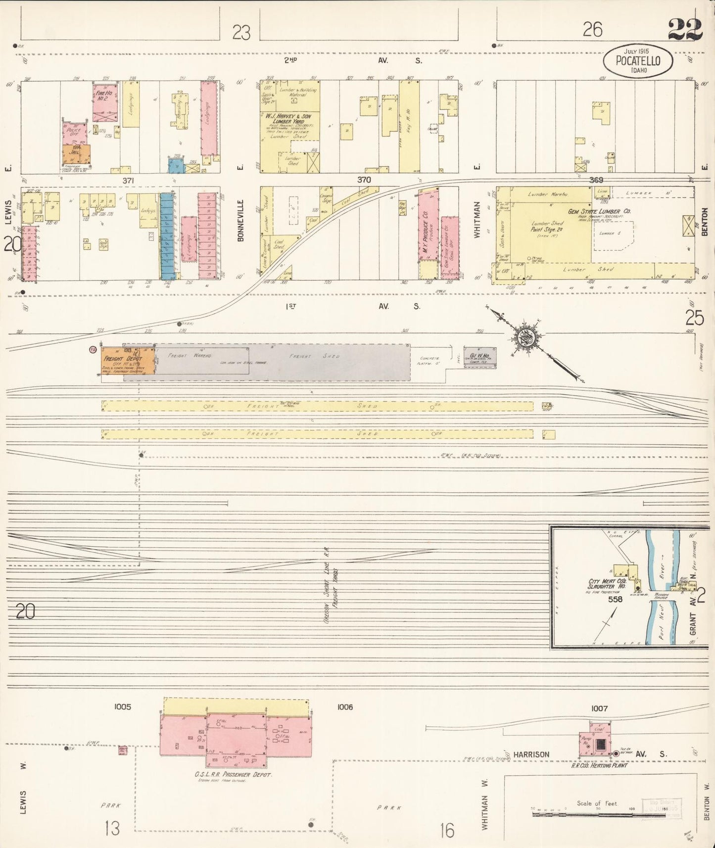 Sanborn Fire Insurance Map from Pocatello, Bannock County, Idaho (1915), Sheet #0022 - Historic Sanborn Fire Insurance Map Print, vintage old map wall art, antique decor, genealogy gift, Idaho Idaho map