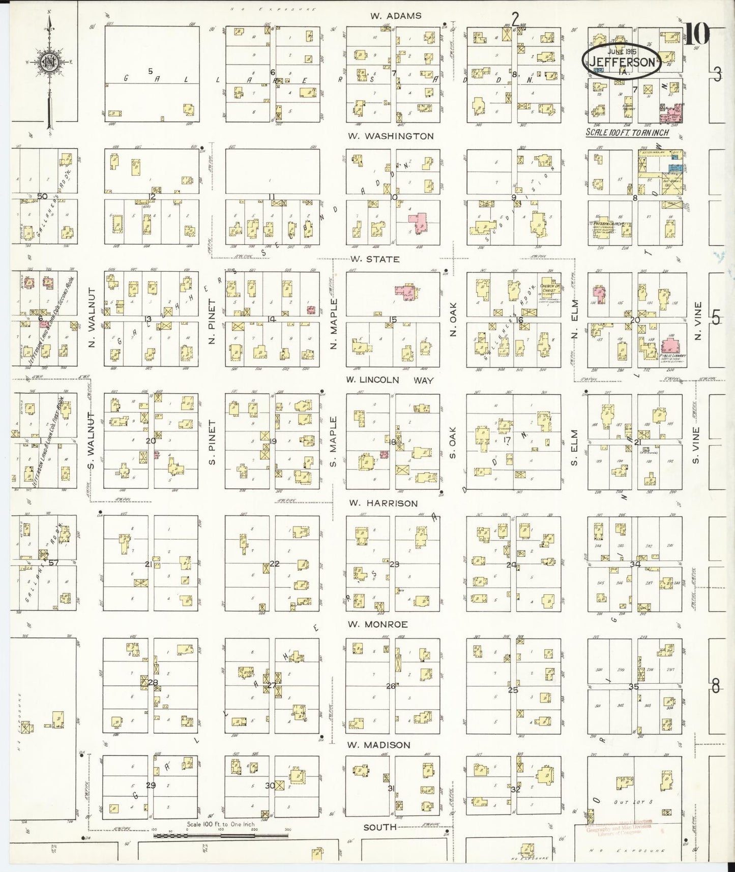 Sanborn Fire Insurance Map from Jefferson, Greene County, Iowa (1915), Sheet #0010 - Historic Sanborn Fire Insurance Map Print, vintage old map wall art