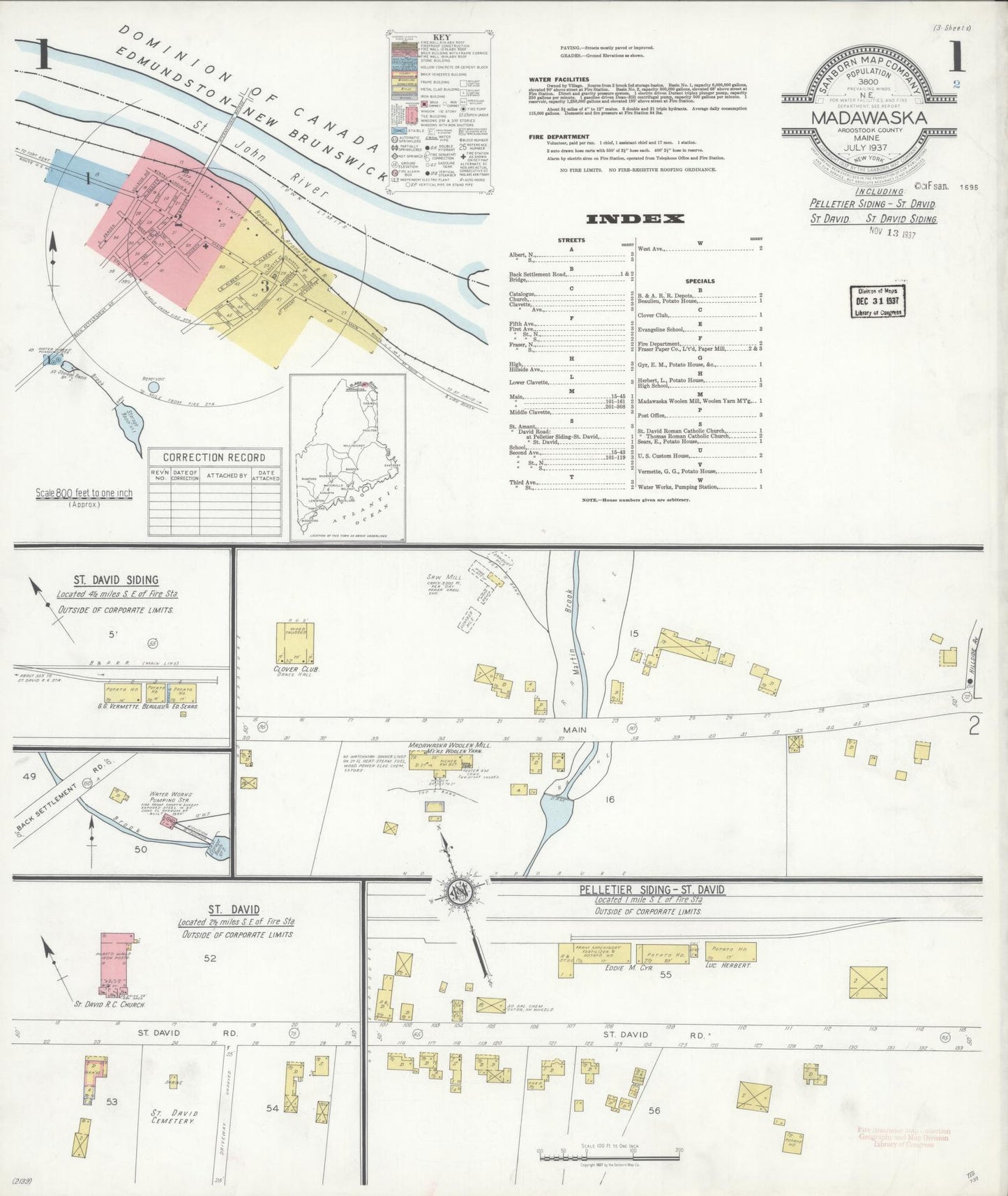 Sanborn Fire Insurance Map from Madawaska, Aroostook County, Maine (1937), Sheet #0001 - Historic Sanborn Fire Insurance Map Print, vintage old map wall art, antique decor, genealogy gift, Maine Maine map