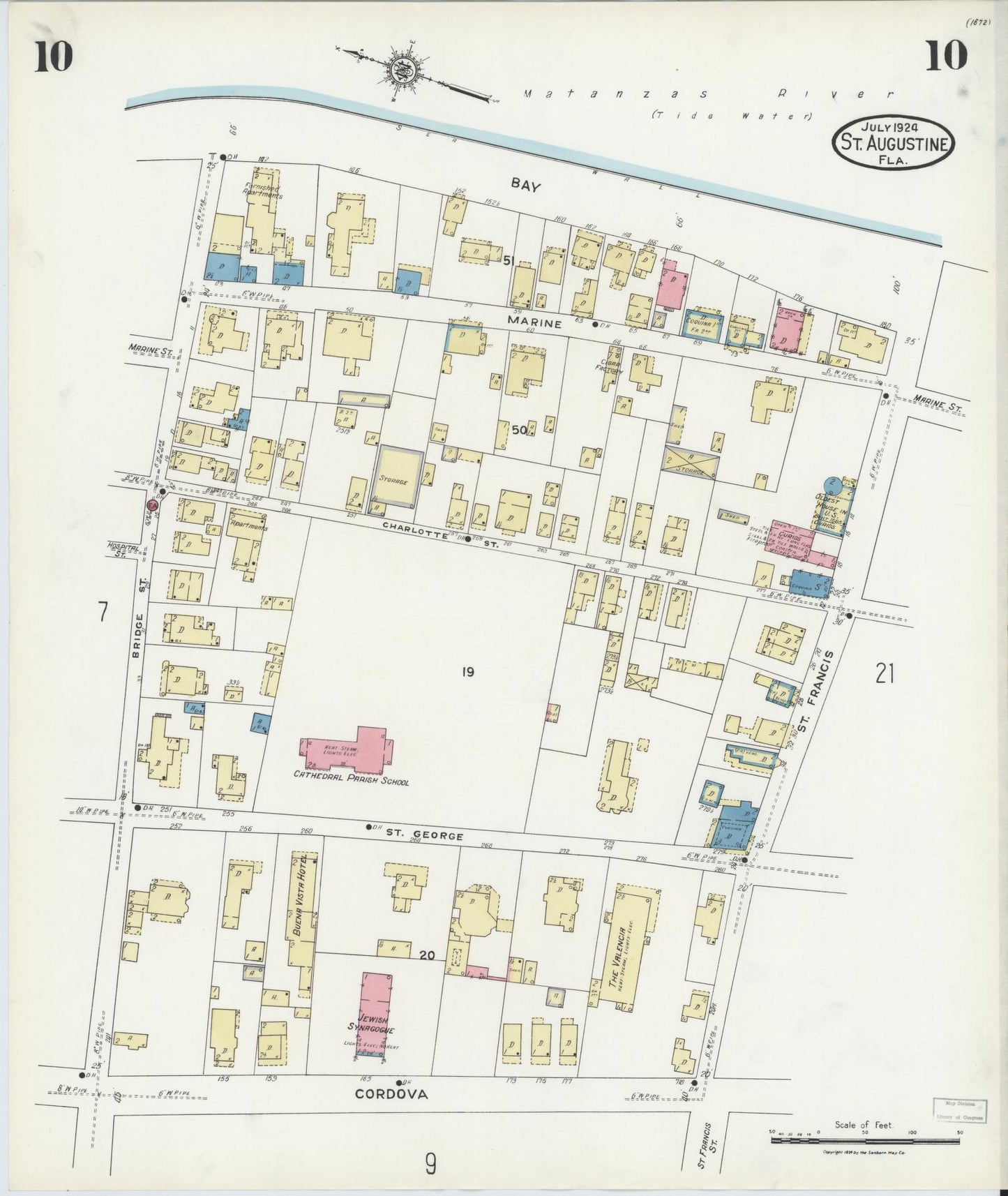 Sanborn Fire Insurance Map from Saint Augustine, Saint John's County, Florida (1924), Sheet #0010 - Historic Sanborn Fire Insurance Map Print, vintage old map wall art, antique decor, genealogy gift, Florida Florida map