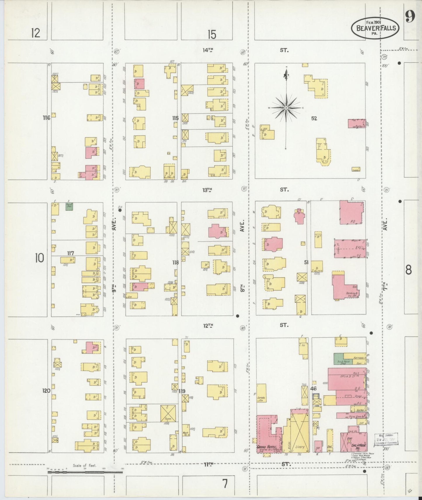 Sanborn Fire Insurance Map from Beaver Falls, Beaver County, Pennsylvania (1901), Sheet #0009 - Historic Sanborn Fire Insurance Map Print, vintage old map wall art, antique decor, genealogy gift, Pennsylvania Pennsylvania map