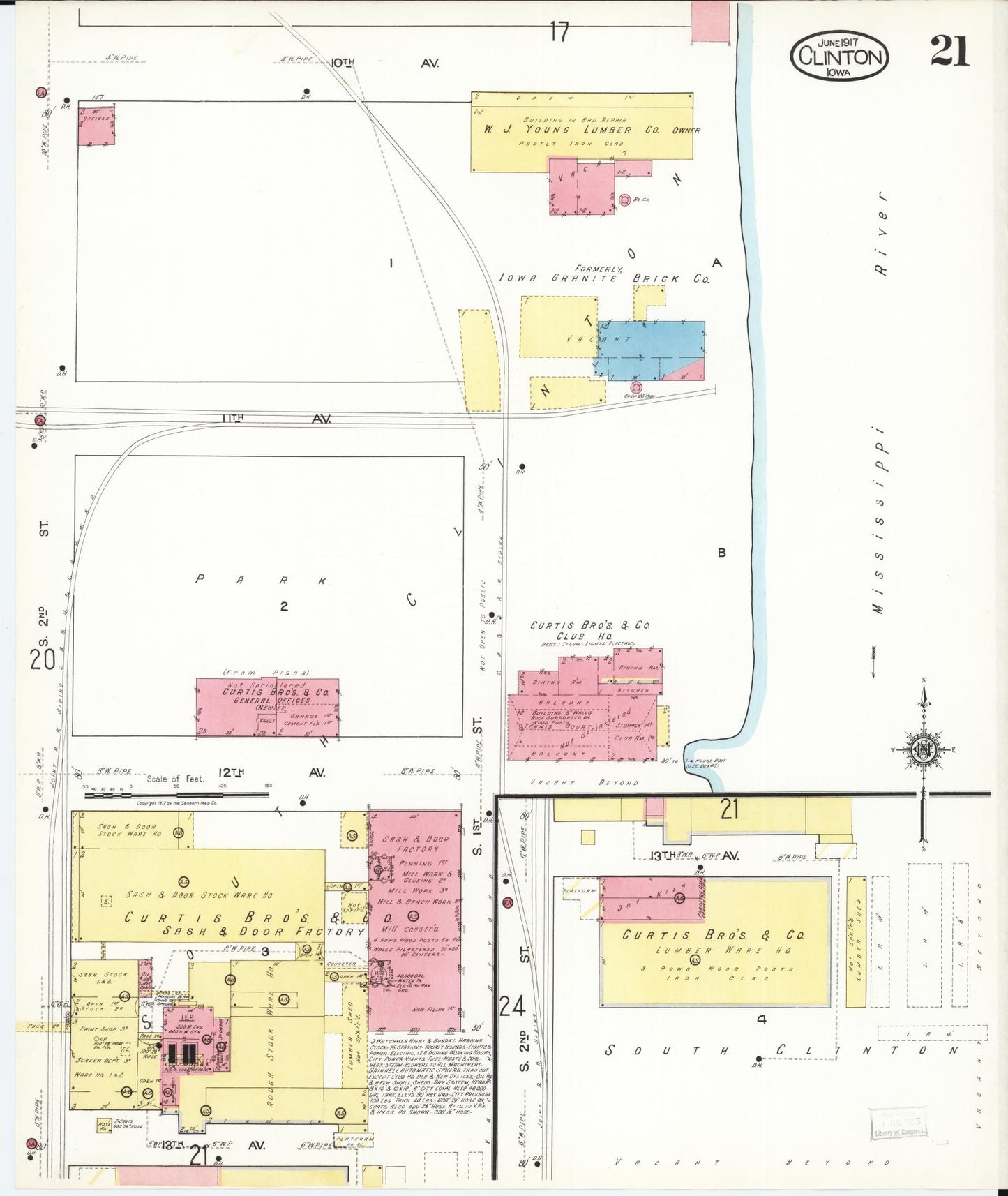 Sanborn Fire Insurance Map from Clinton, Clinton County, Iowa (1917), Sheet #0021 - Historic Sanborn Fire Insurance Map Print, vintage old map wall art