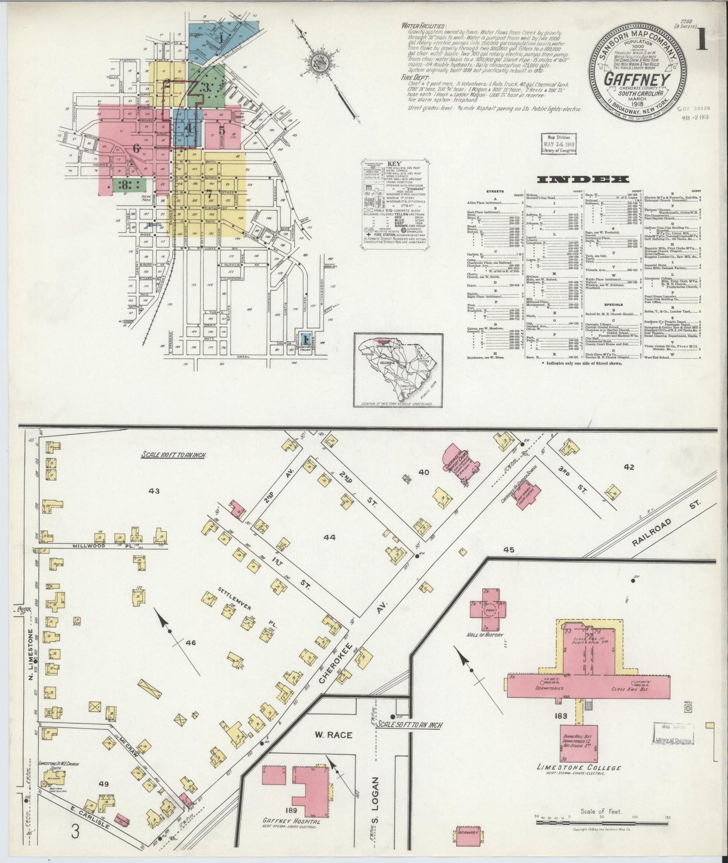 Sanborn Fire Insurance Map from Gaffney, Cherokee County, South Carolina (1918), Sheet #0001 - Historic Sanborn Fire Insurance Map Print, vintage old map wall art, antique decor, genealogy gift, South Carolina South Carolina map