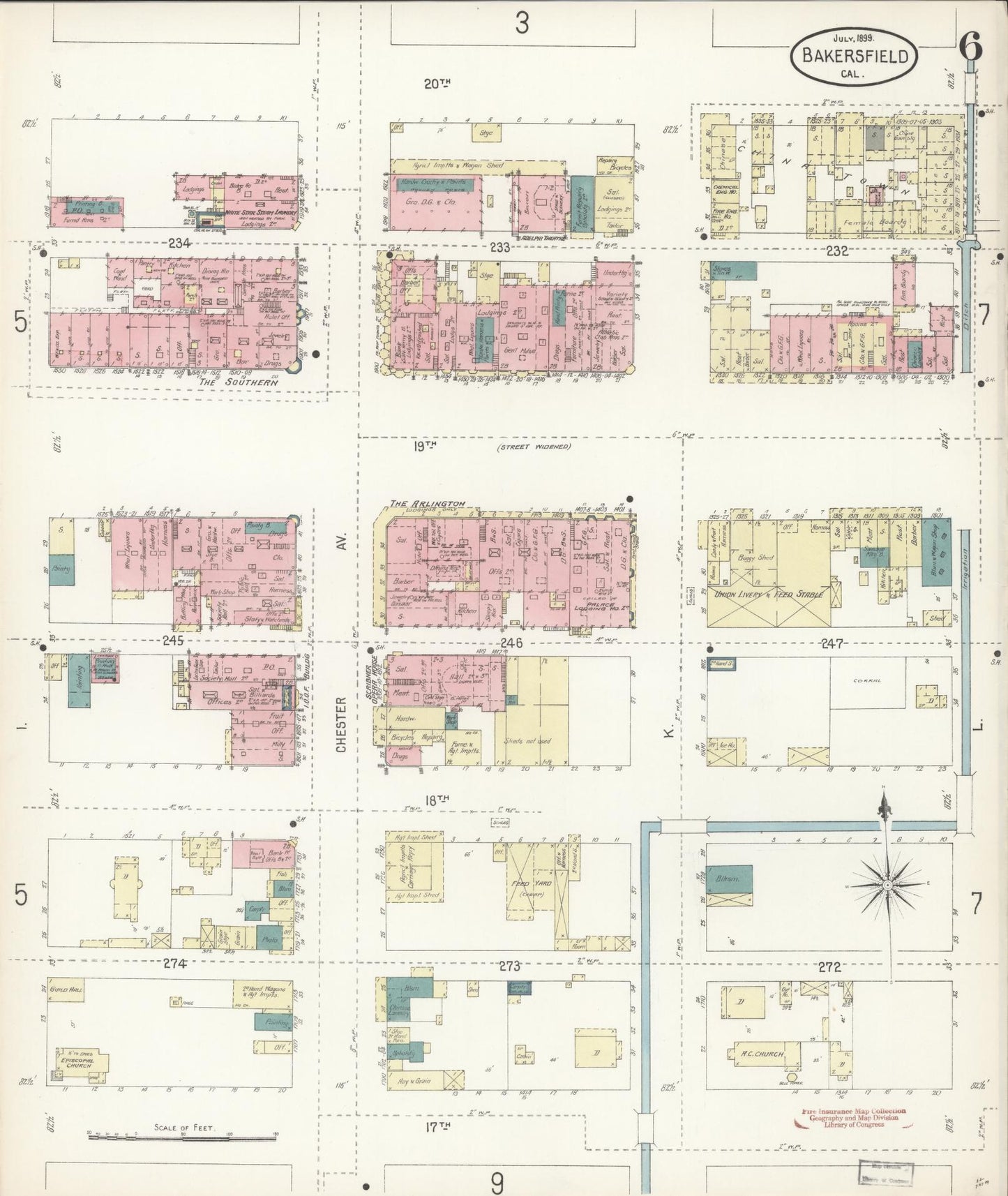 Sanborn Fire Insurance Map from Bakersfield, Kern County, California (1899), Sheet #0006 - Historic Sanborn Fire Insurance Map Print, vintage old map wall art, antique decor, genealogy gift, California California map
