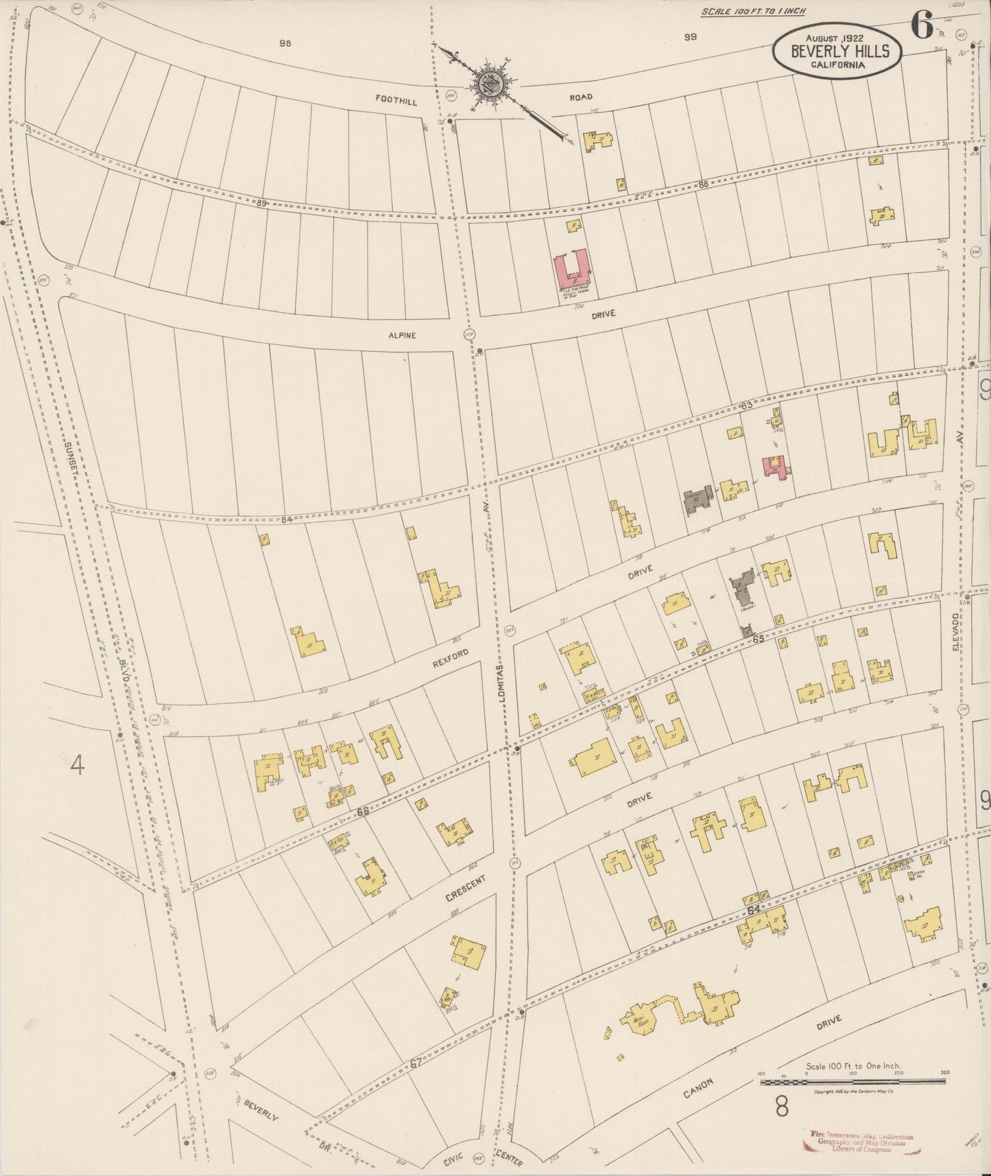 Sanborn Fire Insurance Map from Beverly Hills, Los Angeles County, California (1922), Sheet #0006 - Historic Sanborn Fire Insurance Map Print, vintage old map wall art, antique decor, genealogy gift, California California map