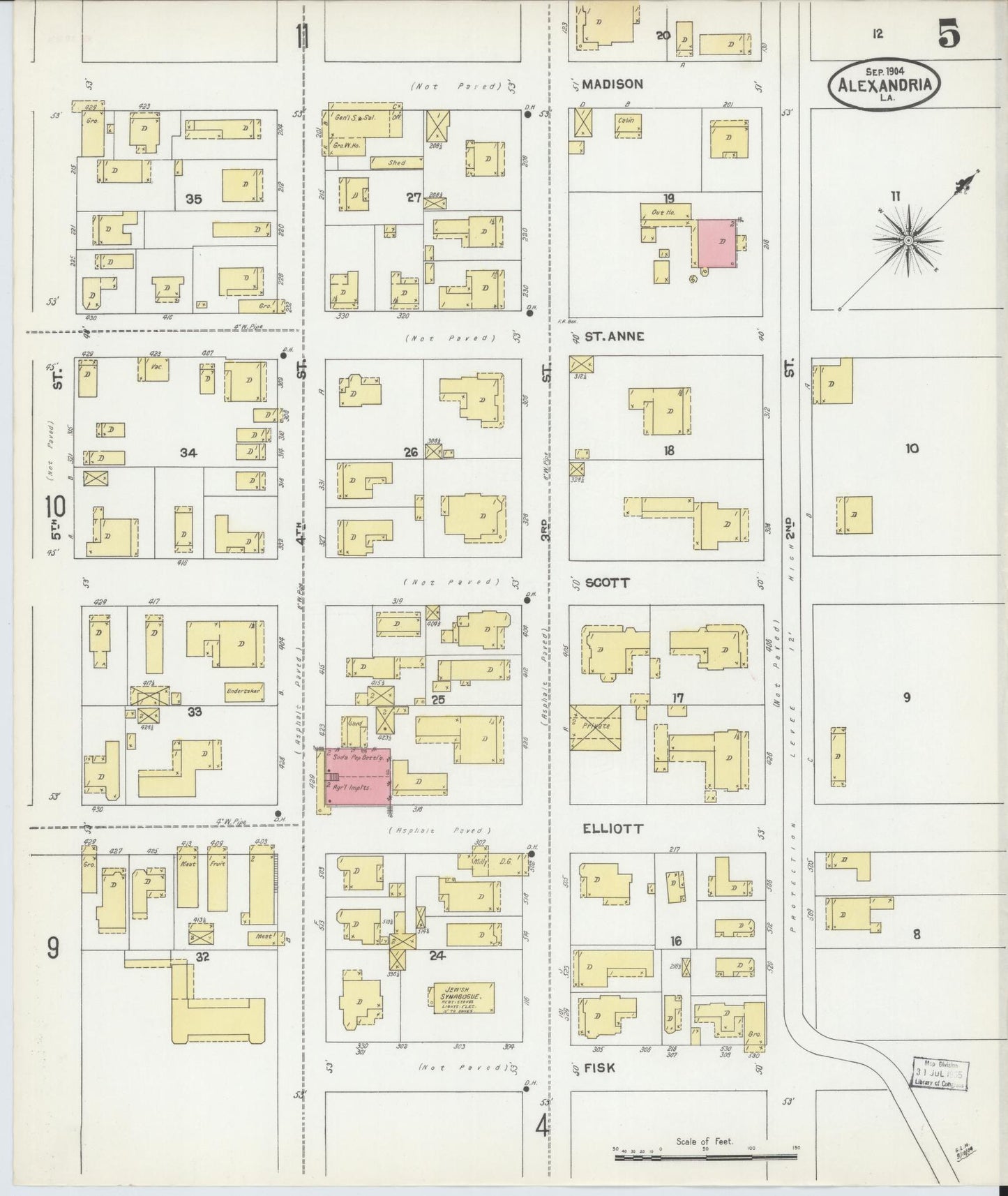 Sanborn Fire Insurance Map from Alexandria, Rapides Parish, Louisiana (1904), Sheet #0005 - Historic Sanborn Fire Insurance Map Print, vintage old map wall art, antique decor, genealogy gift, Louisiana Louisiana map