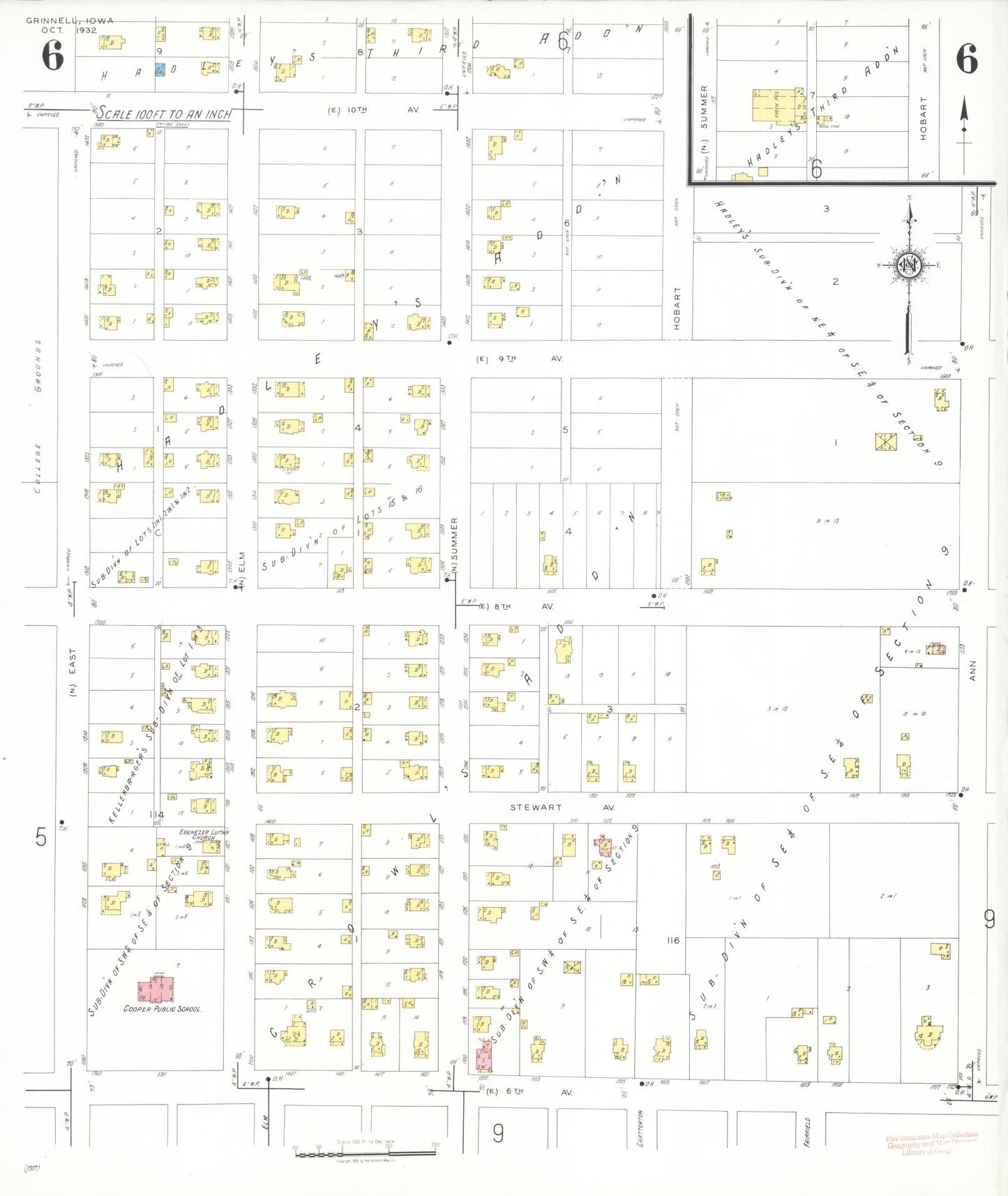 Sanborn Fire Insurance Map from Grinnell, Poweshiek County, Iowa (1932), Sheet #0006 - Historic Sanborn Fire Insurance Map Print, vintage old map wall art