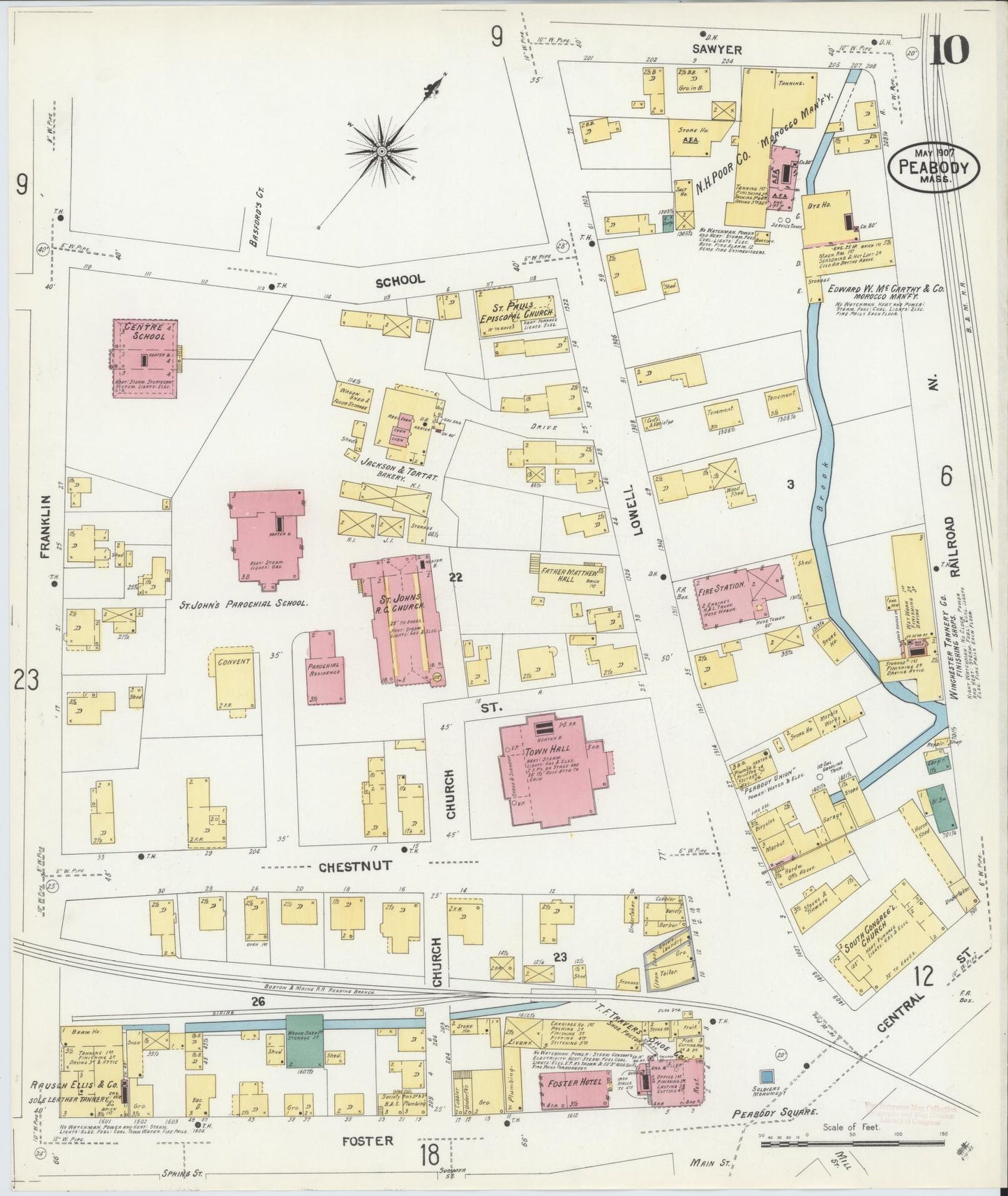 Sanborn Fire Insurance Map from Peabody, Essex County, Massachusetts (1907), Sheet #0010 - Historic Sanborn Fire Insurance Map Print, vintage old map wall art, antique decor, genealogy gift, Massachusetts Massachusetts map