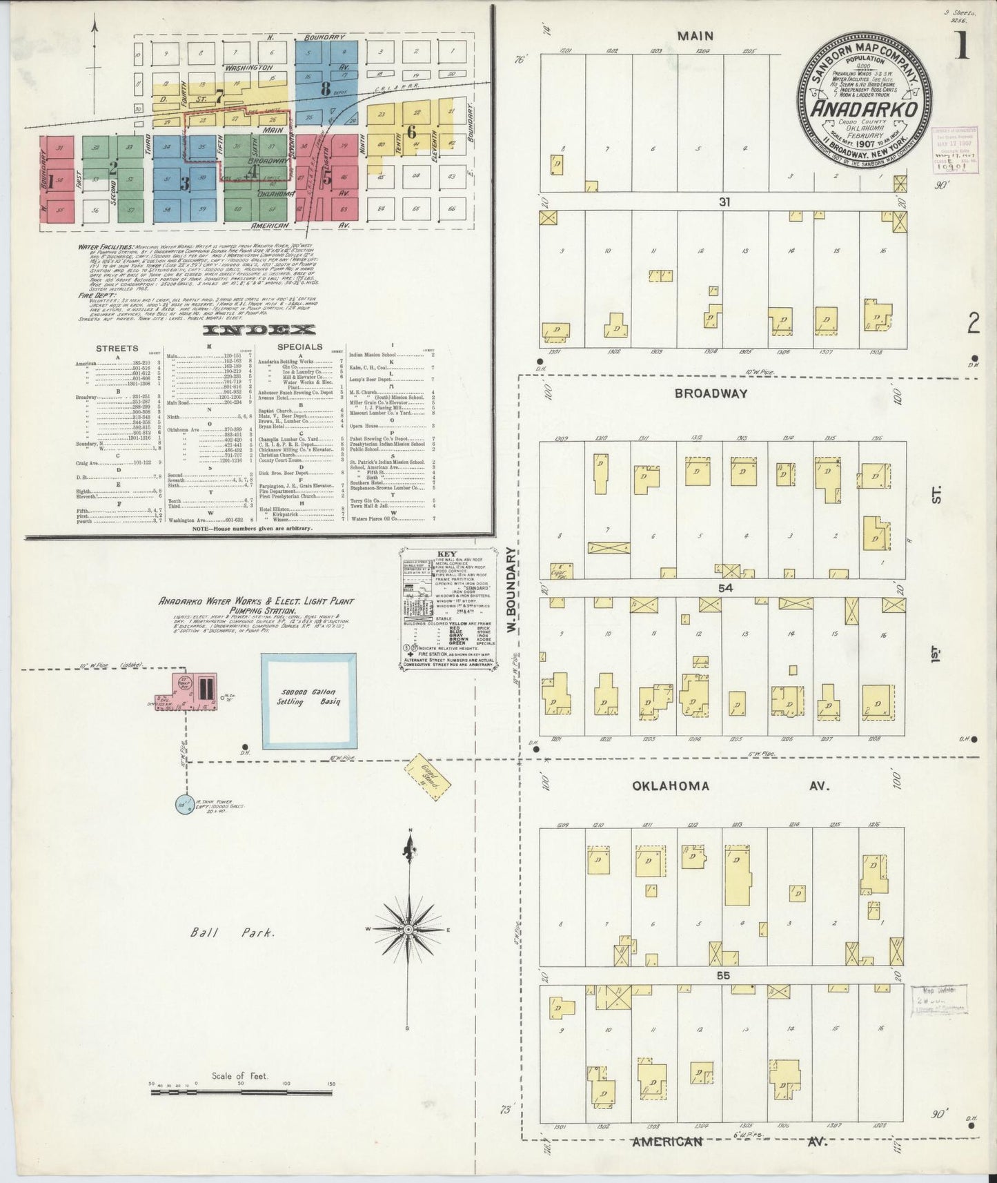 Sanborn Fire Insurance Map from Anadarko, Caddo County, Oklahoma (1907), Sheet #0001 - Historic Sanborn Fire Insurance Map Print, vintage old map wall art, antique decor, genealogy gift, Oklahoma Oklahoma map