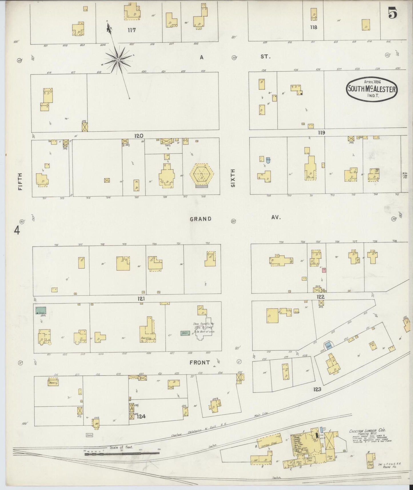 Sanborn Fire Insurance Map from South McAlester, Pittsburg County, Oklahoma (1896), Sheet #0005 - Complete Map Set gallery image, historic Sanborn map, vintage wall art, Oklahoma Oklahoma