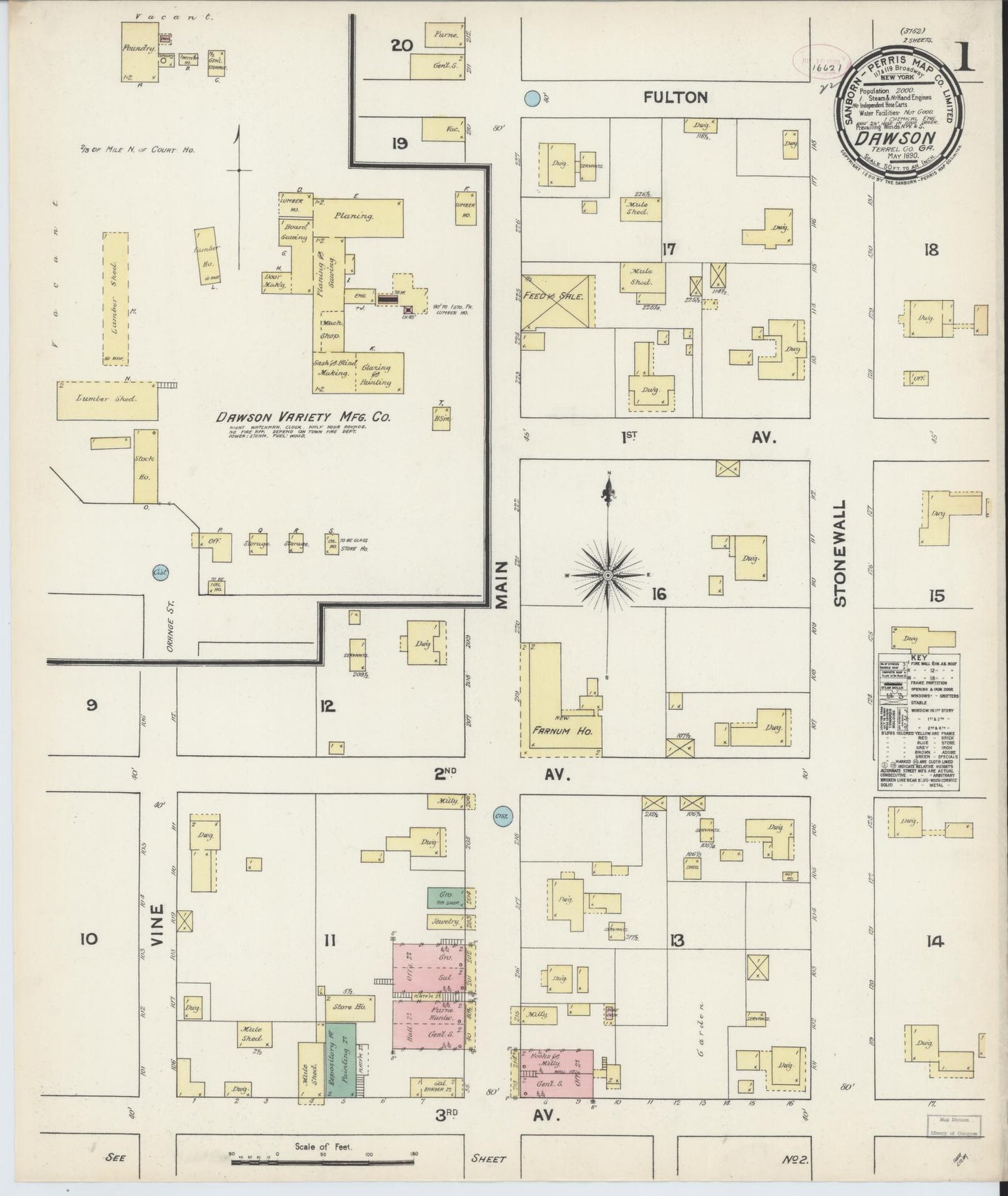 Sanborn Fire Insurance Map from Dawson, Terrell County, Georgia (1890), Sheet #0001 - Historic Sanborn Fire Insurance Map Print, vintage old map wall art, antique decor, genealogy gift, Georgia Georgia map