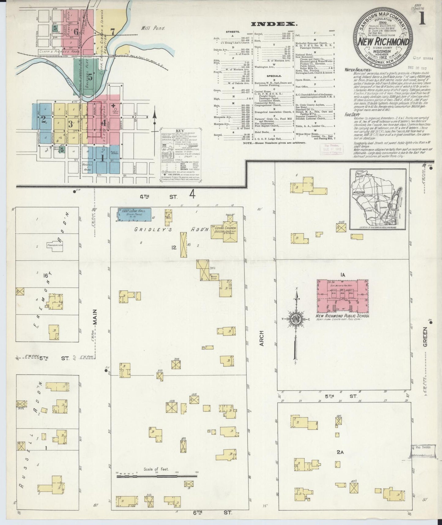 Sanborn Fire Insurance Map from New Richmond, St. Croix County, Wisconsin (1912), Sheet #0001 - Historic Sanborn Fire Insurance Map Print, vintage old map wall art, antique decor, genealogy gift, Wisconsin Wisconsin map