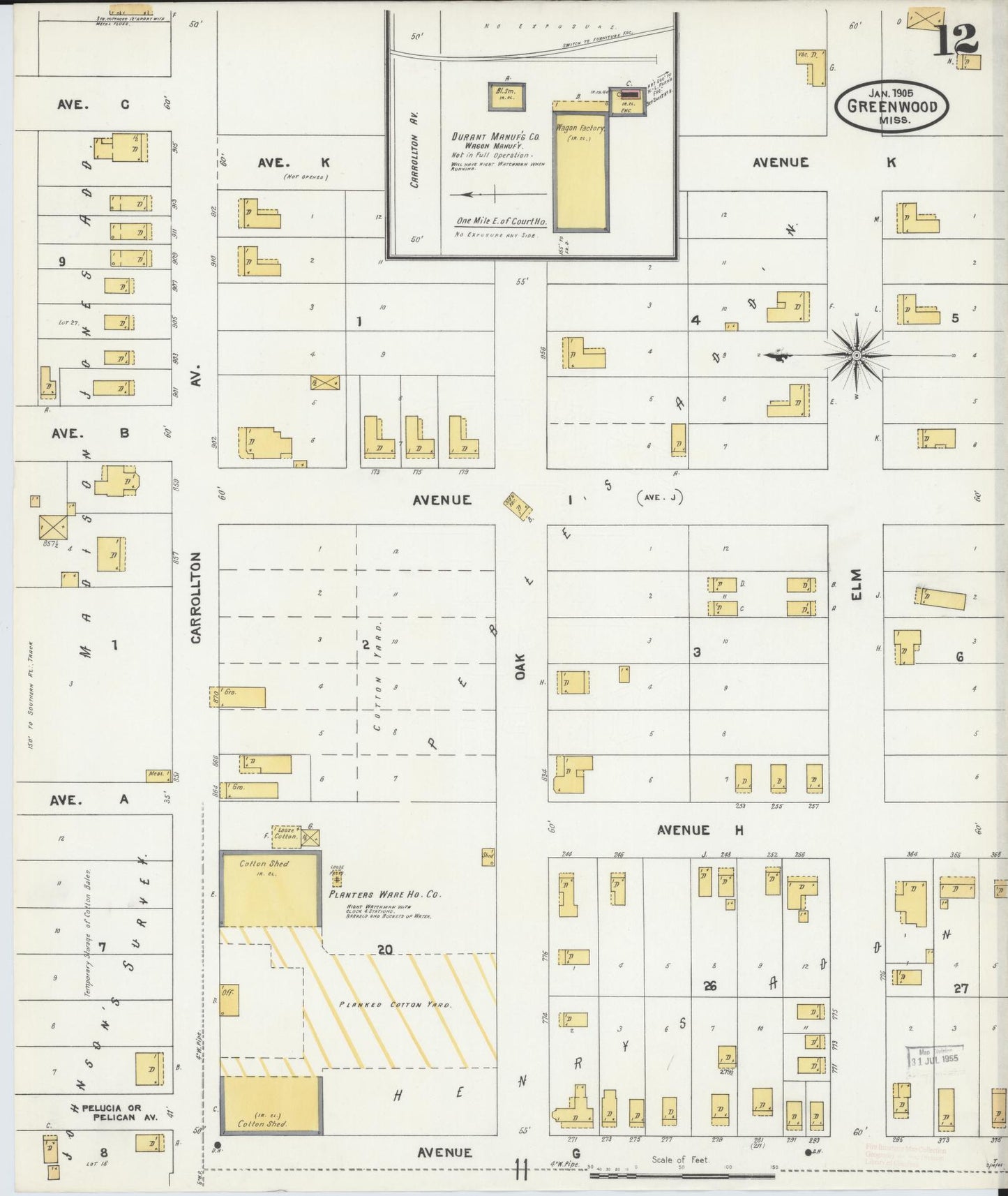 Sanborn Fire Insurance Map from Greenwood, Leflore County, Mississippi (1905), Sheet #0012 - Historic Sanborn Fire Insurance Map Print, vintage old map wall art, antique decor, genealogy gift, Mississippi Mississippi map