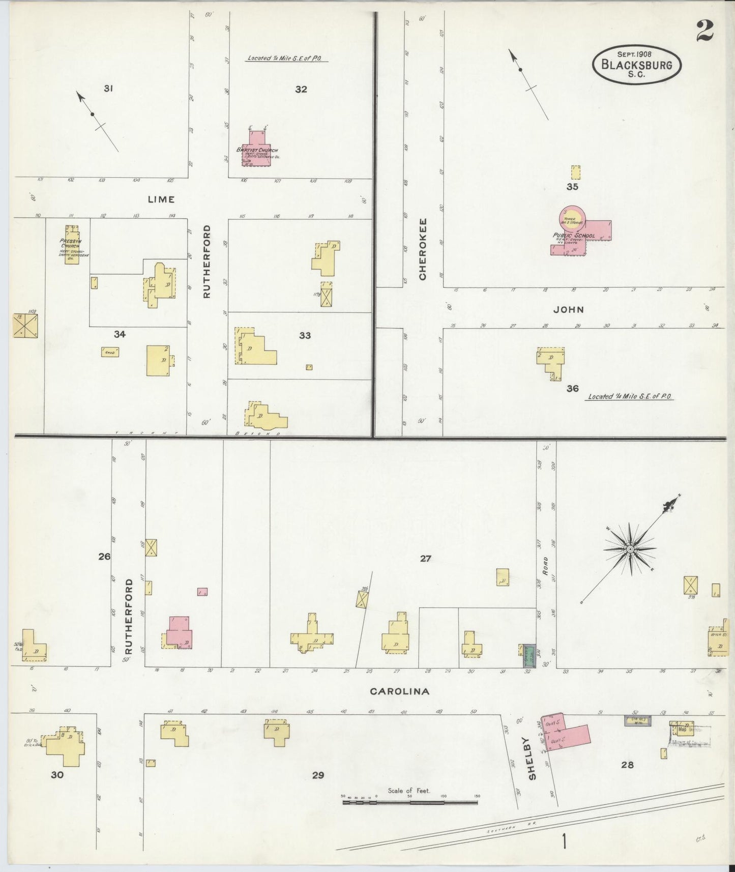 Sanborn Fire Insurance Map from Blacksburg, Cherokee County, South Carolina (1908), Sheet #0002 - Complete Map Set gallery image, historic Sanborn map, vintage wall art, South Carolina South Carolina