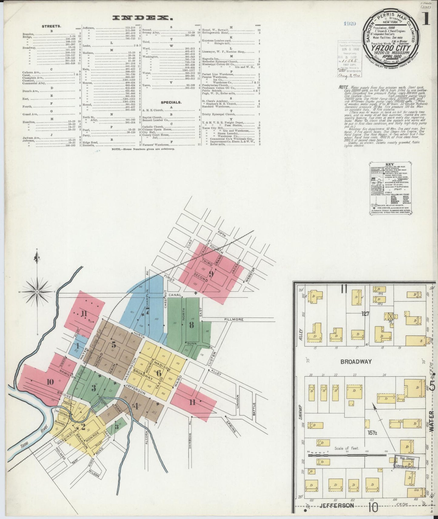 Sanborn Fire Insurance Map from Yazoo City, Yazoo County, Mississippi (1900), Sheet #0001 - Historic Sanborn Fire Insurance Map Print, vintage old map wall art, antique decor, genealogy gift, Mississippi Mississippi map