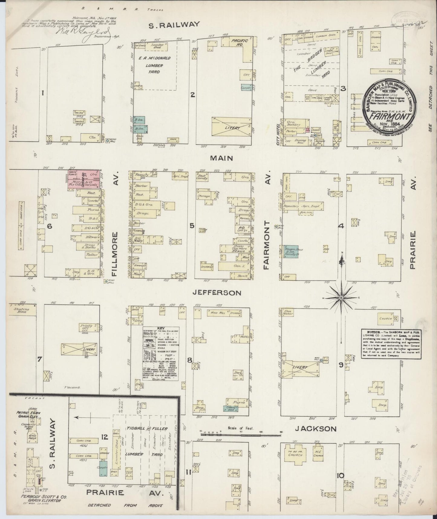 Sanborn Fire Insurance Map from Fairmont, Fillmore County, Nebraska (1884), Sheet #0001 - Historic Sanborn Fire Insurance Map Print, vintage old map wall art, antique decor, genealogy gift, Nebraska Nebraska map