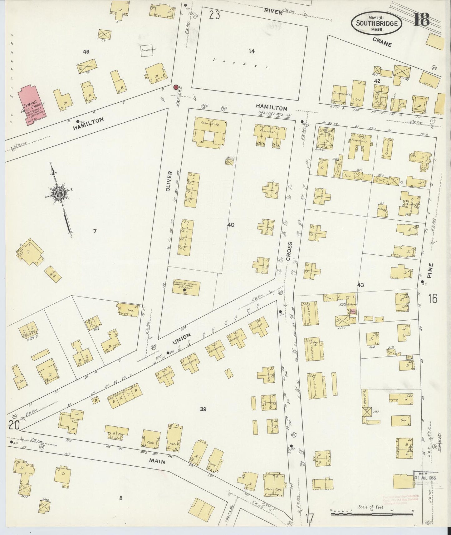 Sanborn Fire Insurance Map from Southbridge, Worcester County, Massachusetts (1911), Sheet #0018 - Historic Sanborn Fire Insurance Map Print, vintage old map wall art, antique decor, genealogy gift, Massachusetts Massachusetts map