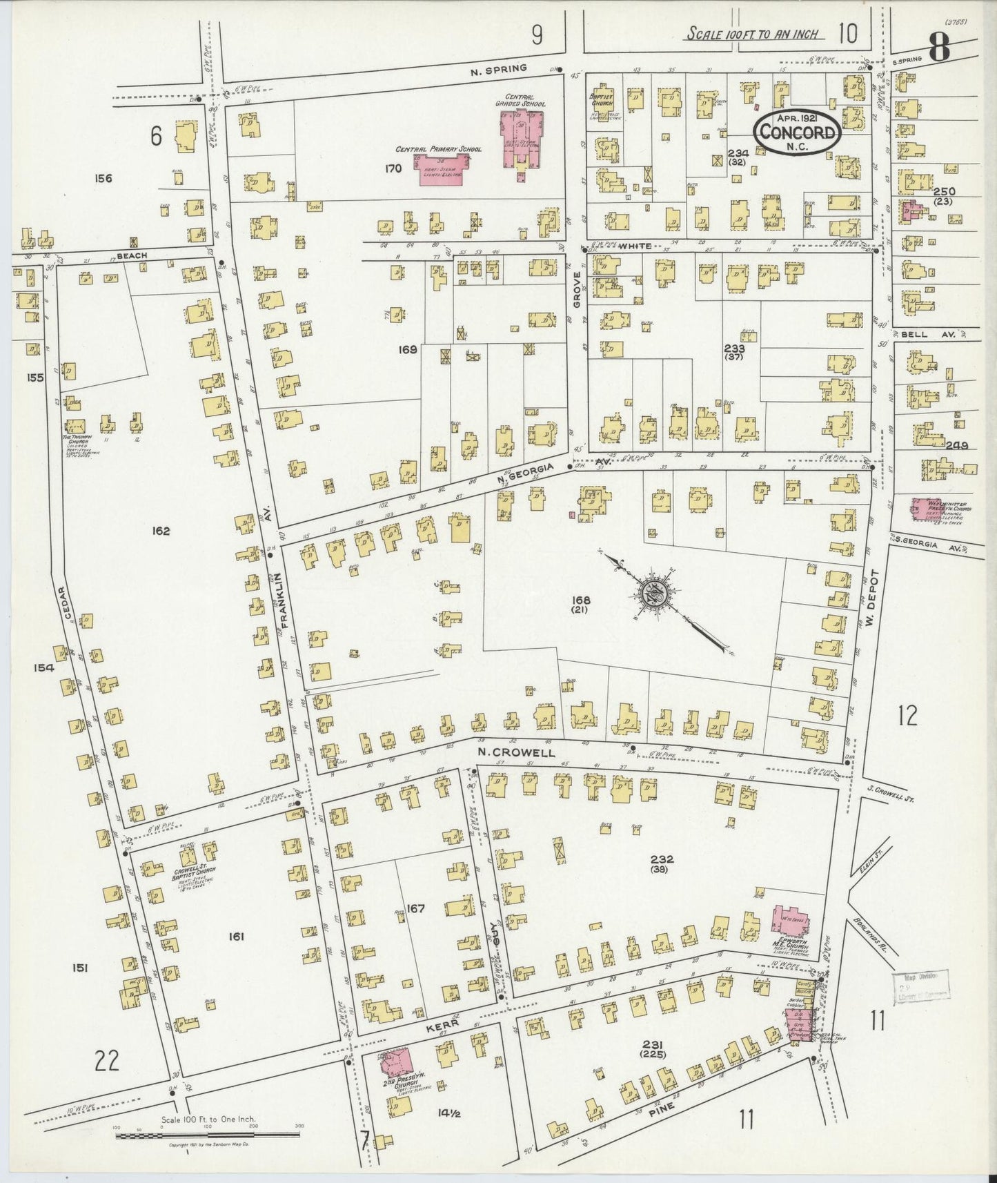Sanborn Fire Insurance Map from Concord, Cabarrus County, North Carolina (1921), Sheet #0008 - Historic Sanborn Fire Insurance Map Print, vintage old map wall art, antique decor, genealogy gift, North Carolina North Carolina map