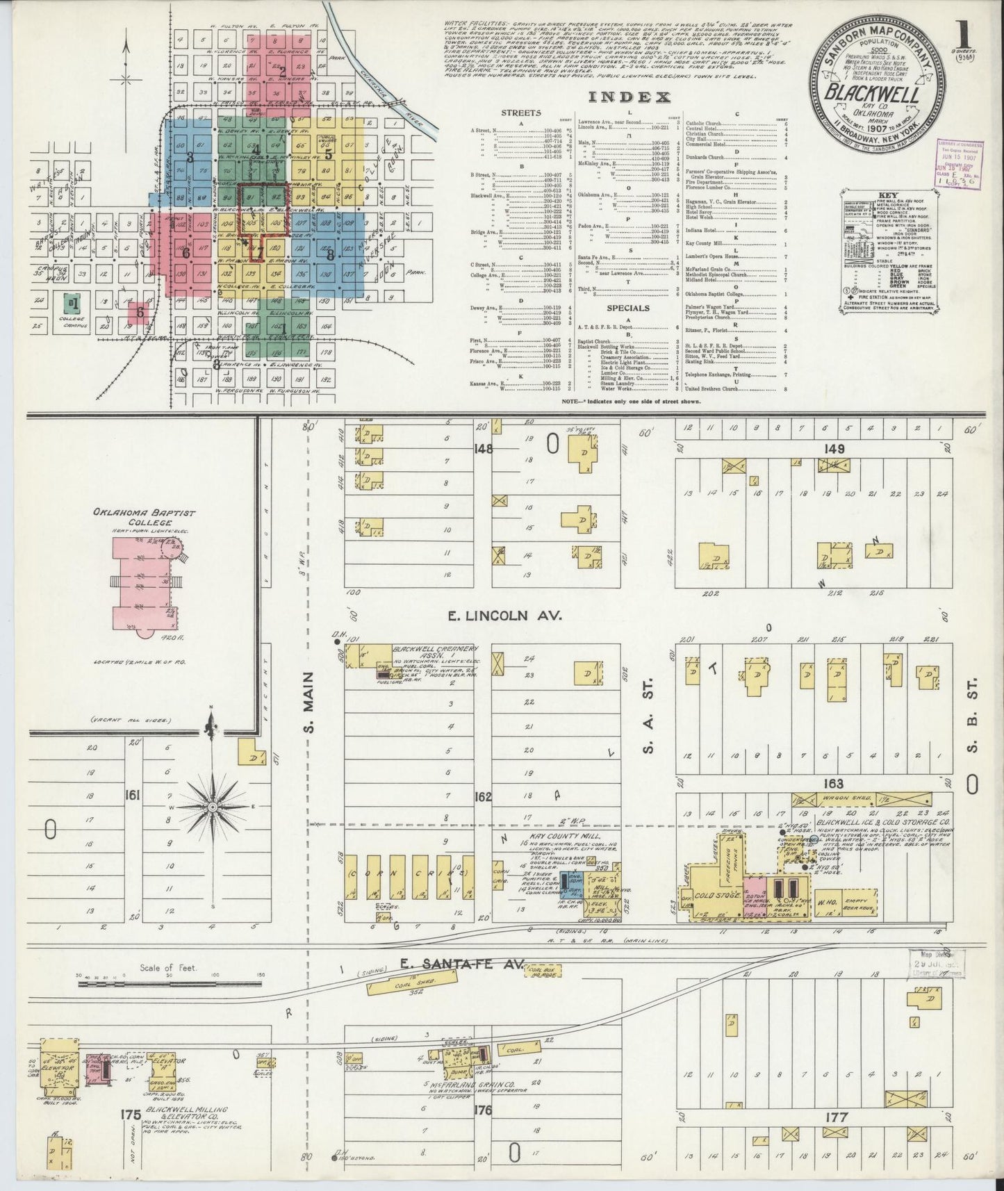 Sanborn Fire Insurance Map from Blackwell, Kay County, Oklahoma (1907), Sheet #0001 - Historic Sanborn Fire Insurance Map Print, vintage old map wall art, antique decor, genealogy gift, Oklahoma Oklahoma map