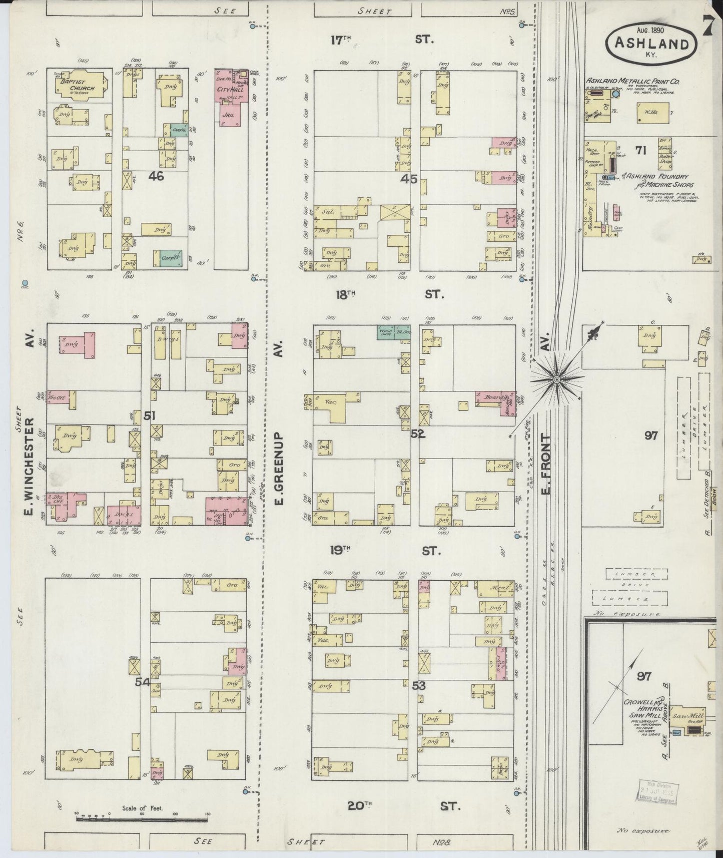 Sanborn Fire Insurance Map from Ashland, Boyd County, Kentucky (1890), Sheet #0007 - Historic Sanborn Fire Insurance Map Print, vintage old map wall art, antique decor, genealogy gift, Kentucky Kentucky map
