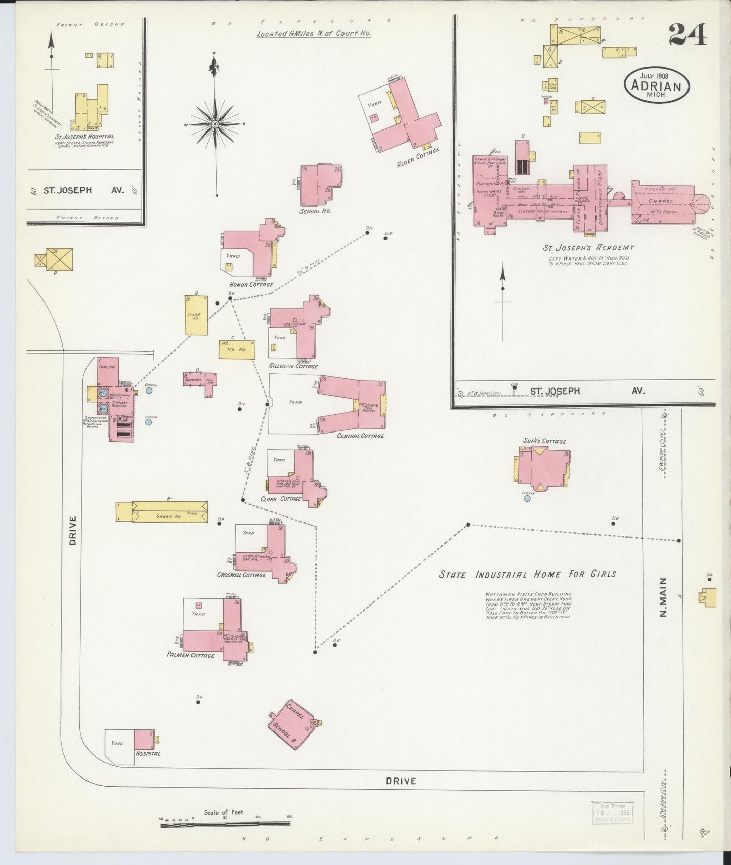 Sanborn Fire Insurance Map from Adrian, Lenawee County, Michigan (1908), Sheet #0024 - Historic Sanborn Fire Insurance Map Print, vintage old map wall art, antique decor, genealogy gift, Michigan Michigan map
