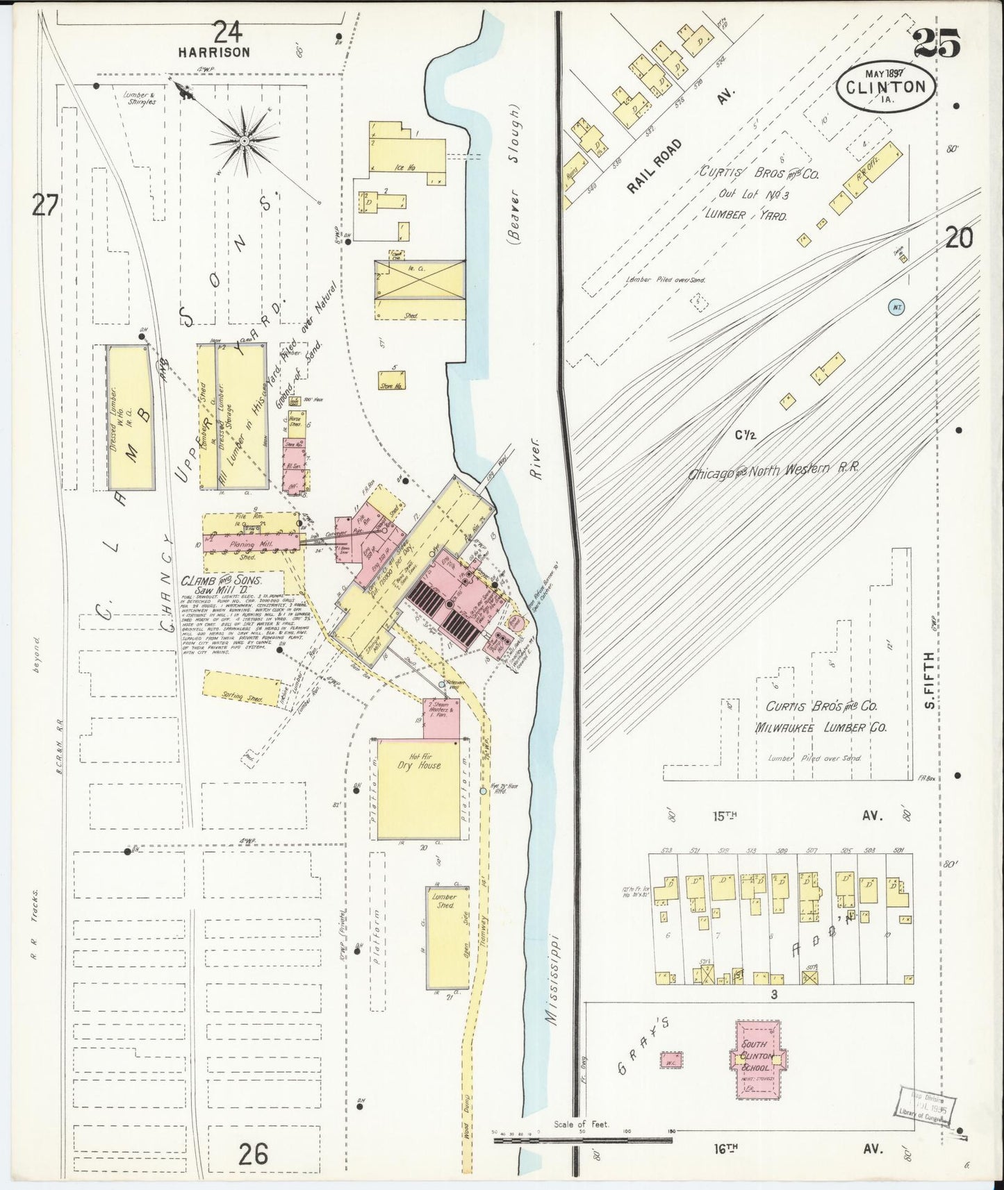 Sanborn Fire Insurance Map from Clinton, Clinton County, Iowa (1897), Sheet #0025 - Historic Sanborn Fire Insurance Map Print, vintage old map wall art