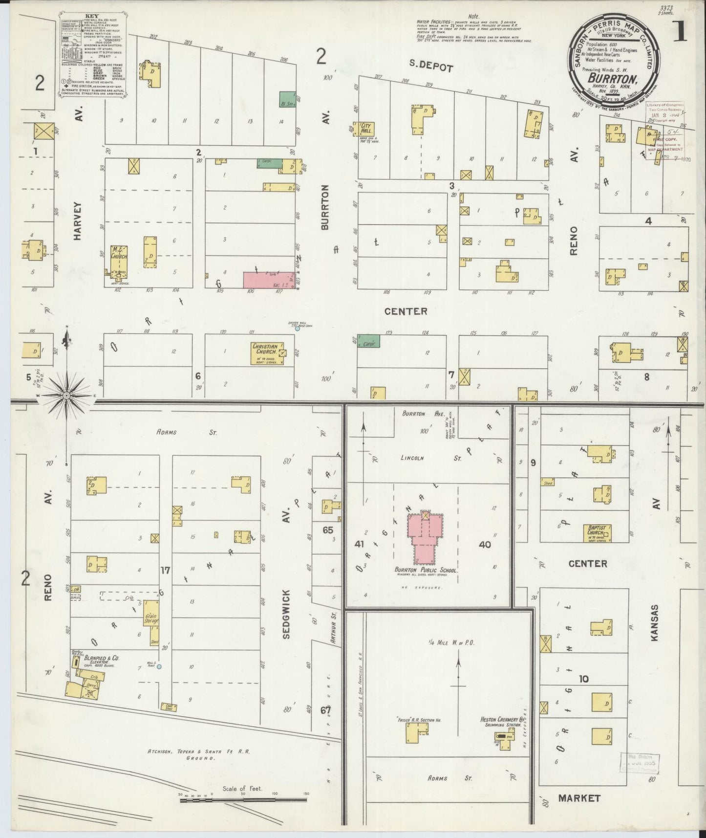 Sanborn Fire Insurance Map from Burrton, Harvey County, Kansas (1899), Sheet #0001 - Historic Sanborn Fire Insurance Map Print, vintage old map wall art, antique decor, genealogy gift, Kansas Kansas map