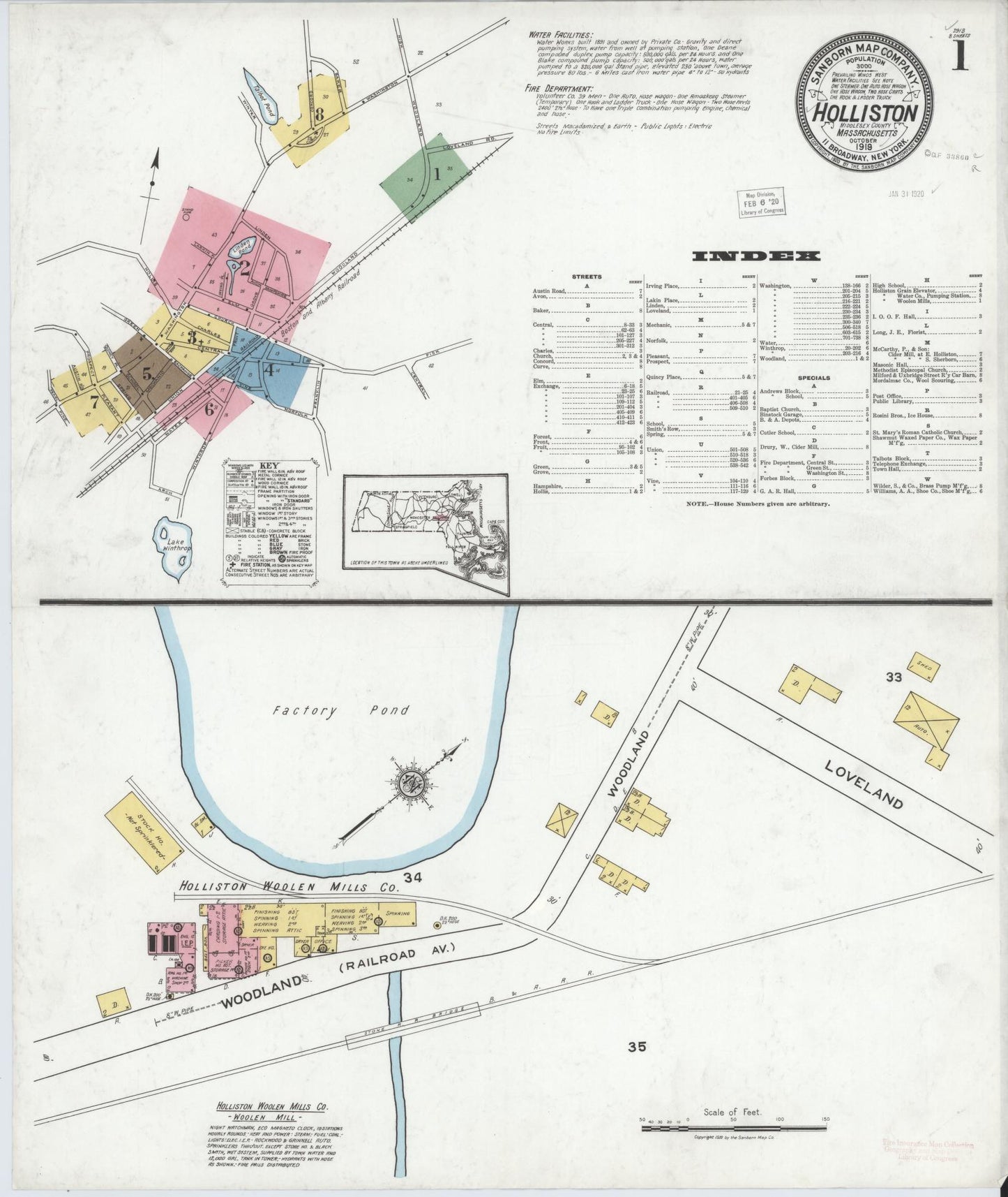 Sanborn Fire Insurance Map from Holliston, Middlesex County, Massachusetts (1919), Sheet #0001 - Historic Sanborn Fire Insurance Map Print, vintage old map wall art, antique decor, genealogy gift, Massachusetts Massachusetts map