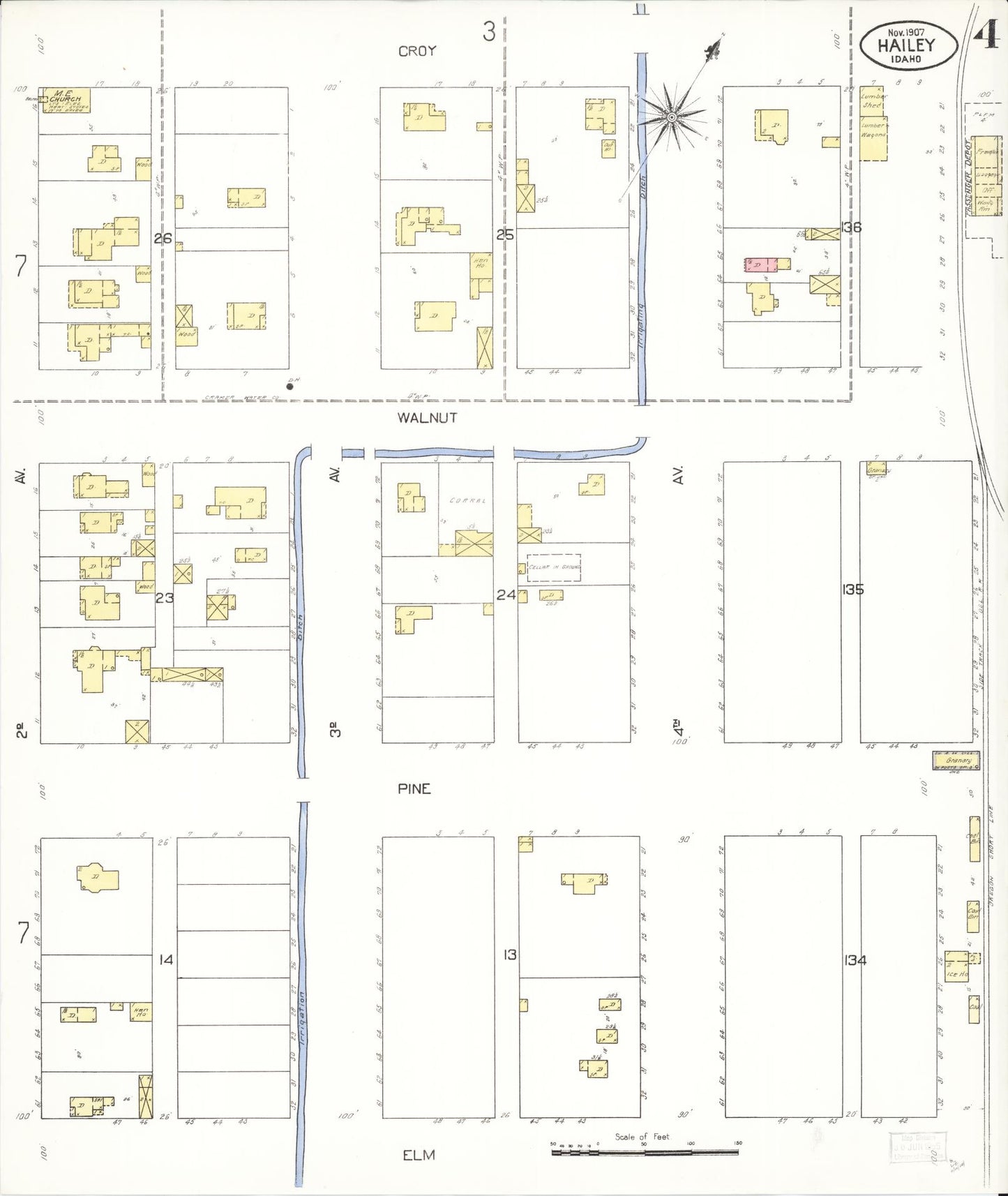 Sanborn Fire Insurance Map from Hailey, Blaine County, Idaho (1907), Sheet #0004 - Historic Sanborn Fire Insurance Map Print, vintage old map wall art, antique decor, genealogy gift, Idaho Idaho map
