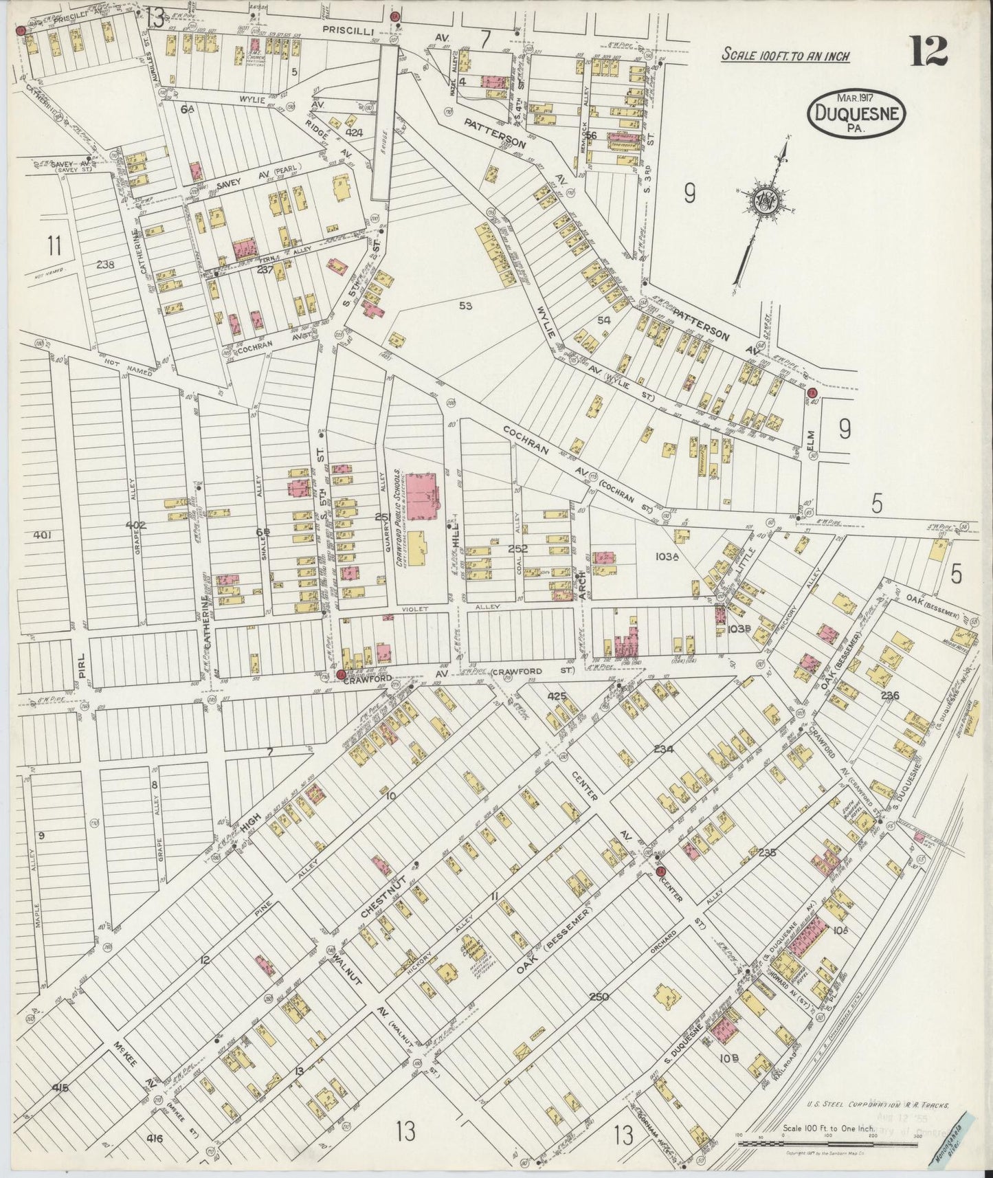 Sanborn Fire Insurance Map from Duquesne, Allegheny County, Pennsylvania (1917), Sheet #0012 - Historic Sanborn Fire Insurance Map Print, vintage old map wall art, antique decor, genealogy gift, Pennsylvania Pennsylvania map