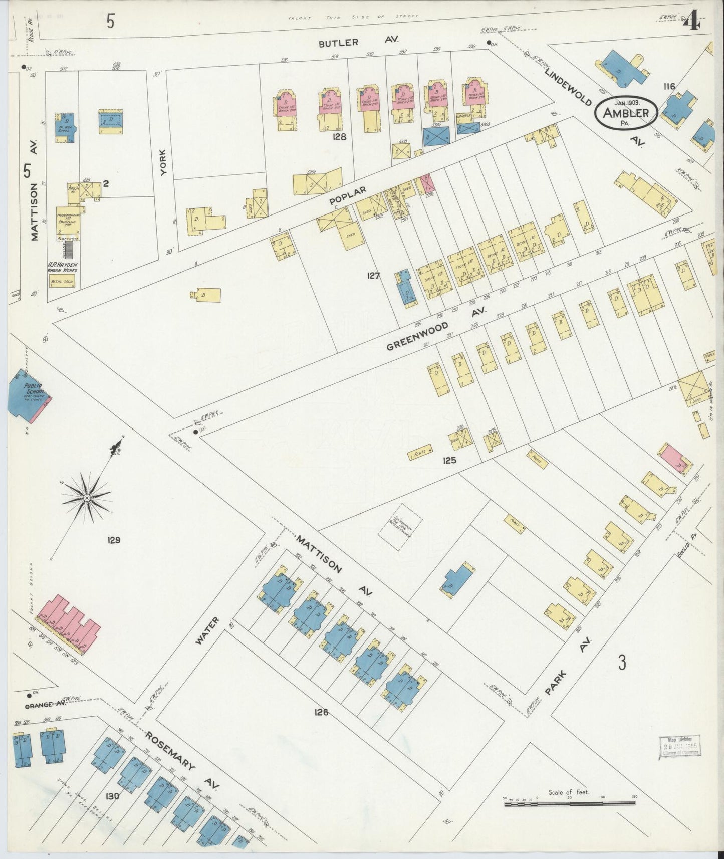 Sanborn Fire Insurance Map from Ambler, Montgomery County, Pennsylvania (1909), Sheet #0004 - Historic Sanborn Fire Insurance Map Print, vintage old map wall art, antique decor, genealogy gift, Pennsylvania Pennsylvania map