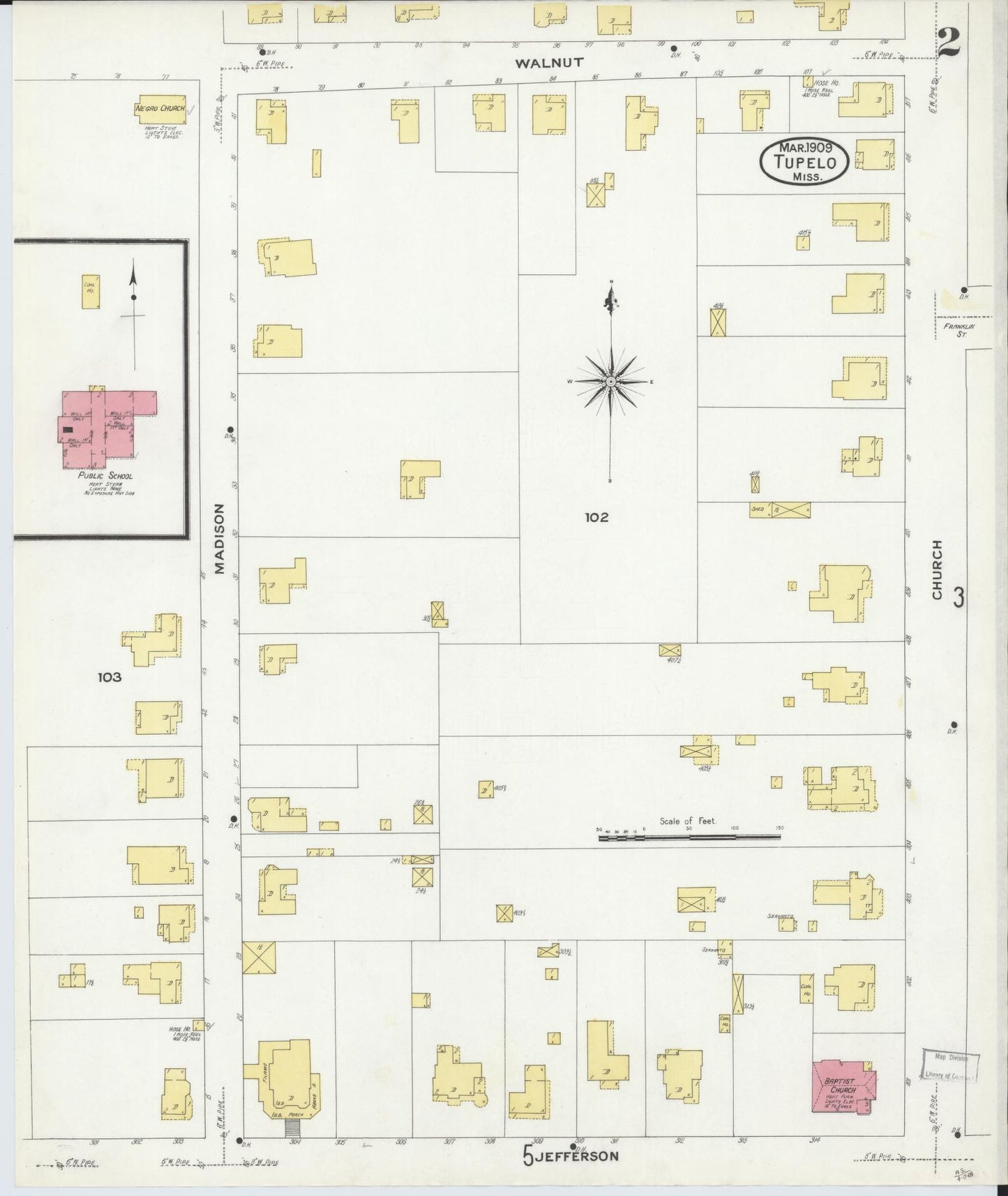 Sanborn Fire Insurance Map from Tupelo, Lee County, Mississippi (1909), Sheet #0002 - Historic Sanborn Fire Insurance Map Print, vintage old map wall art, antique decor, genealogy gift, Mississippi Mississippi map