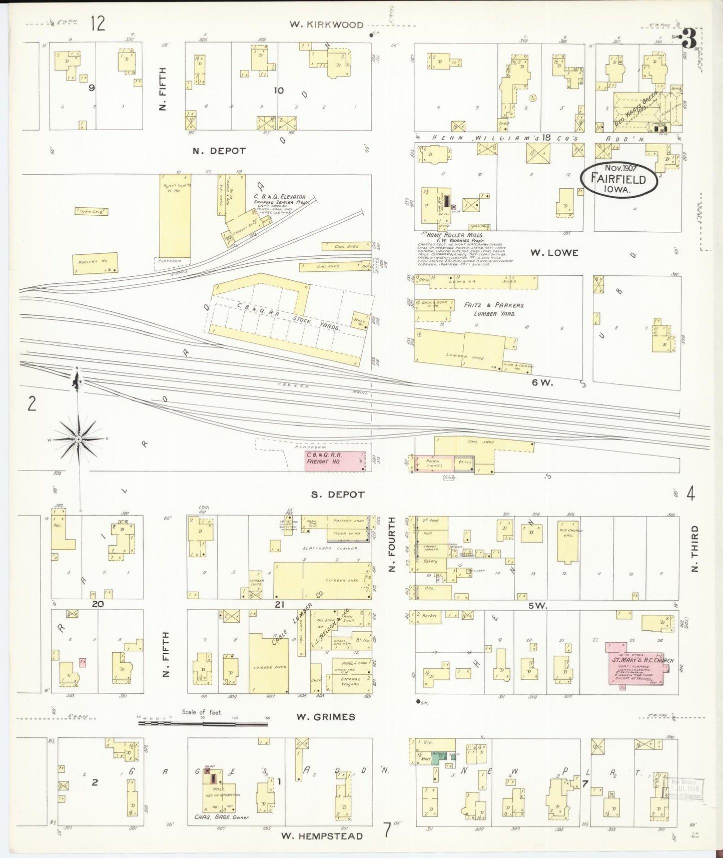 Sanborn Fire Insurance Map from Fairfield, Jefferson County, Iowa (1907), Sheet #0003 - Historic Sanborn Fire Insurance Map Print, vintage old map wall art