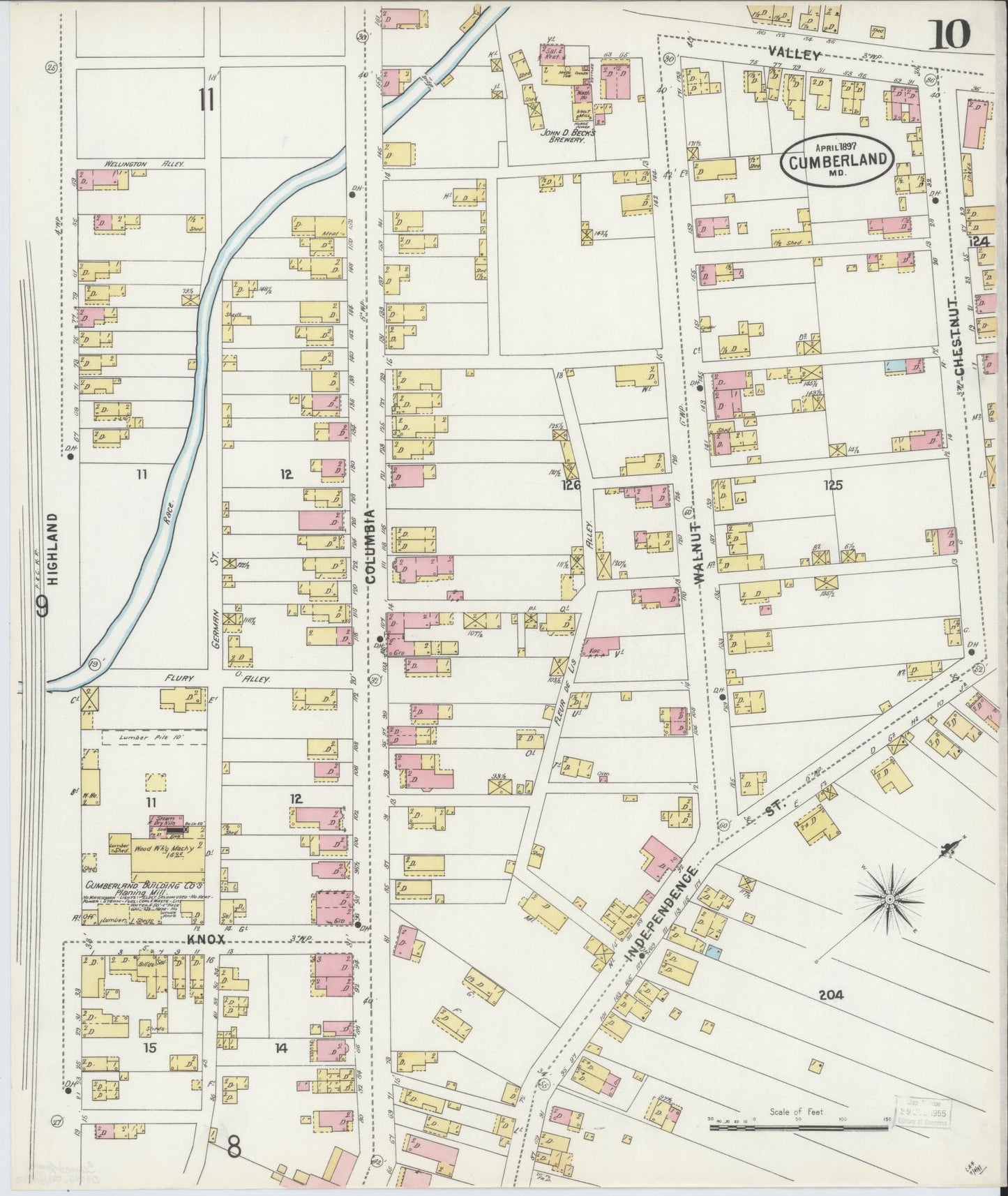 Allegany, Maryland - 1897 - Sanborn Fire Insurance Map, Sheet #0010 - Historic Sanborn Fire Insurance Map Print, Allegany Maryland 1897 0010 vintage old map wall art