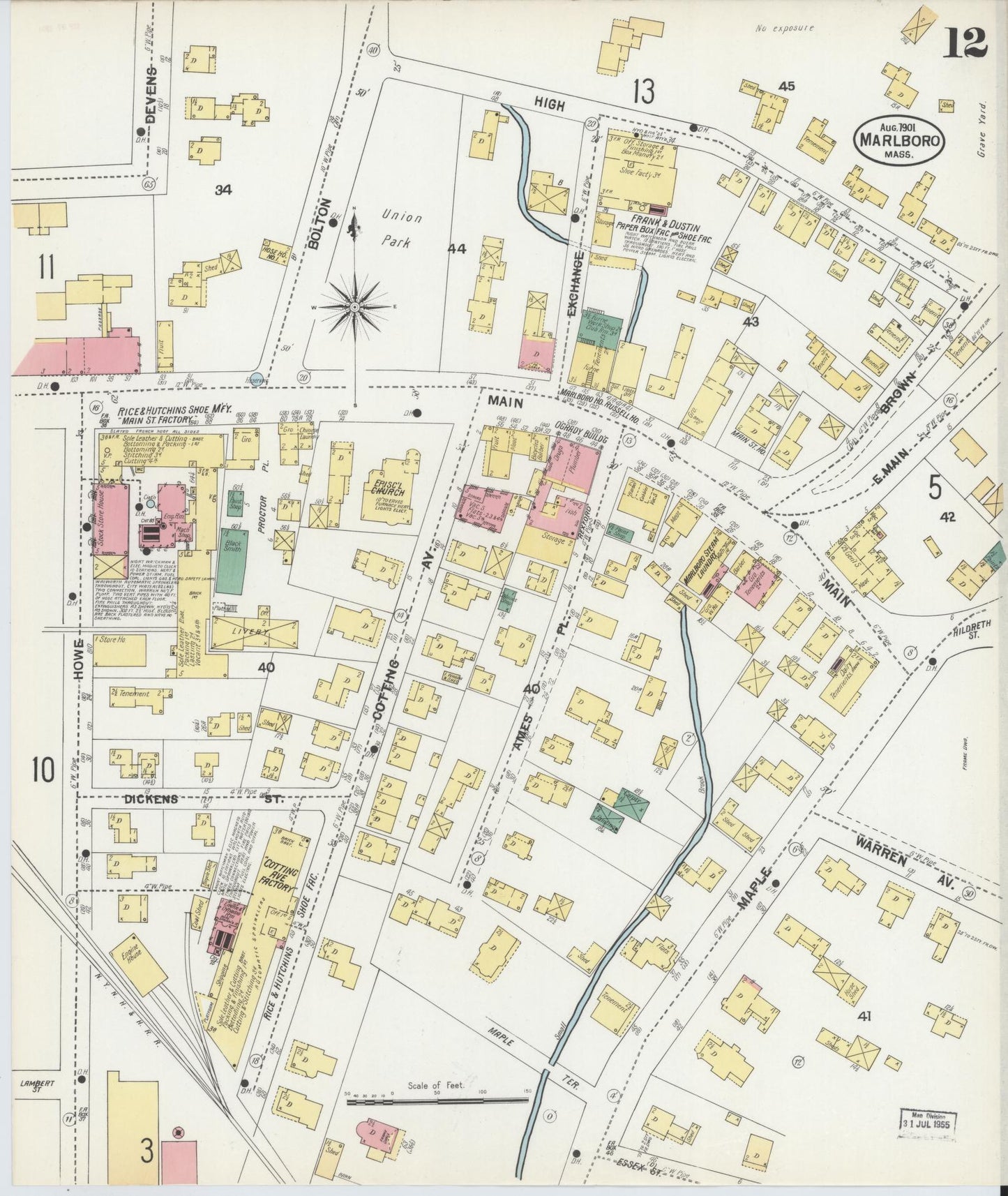 Sanborn Fire Insurance Map from Marlborough, Middlesex County, Massachusetts (1901), Sheet #0012 - Historic Sanborn Fire Insurance Map Print, vintage old map wall art, antique decor, genealogy gift, Massachusetts Massachusetts map