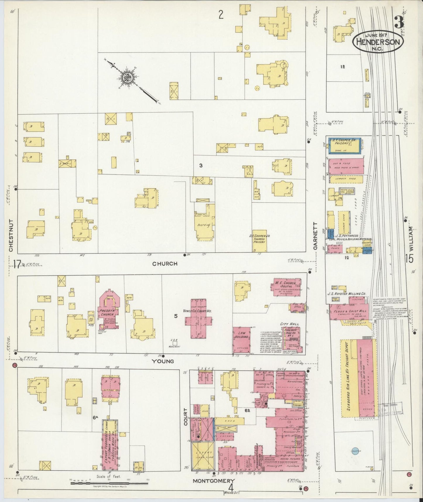 Sanborn Fire Insurance Map from Henderson, Vance County, North Carolina (1917), Sheet #0003 - Historic Sanborn Fire Insurance Map Print, vintage old map wall art, antique decor, genealogy gift, North Carolina North Carolina map