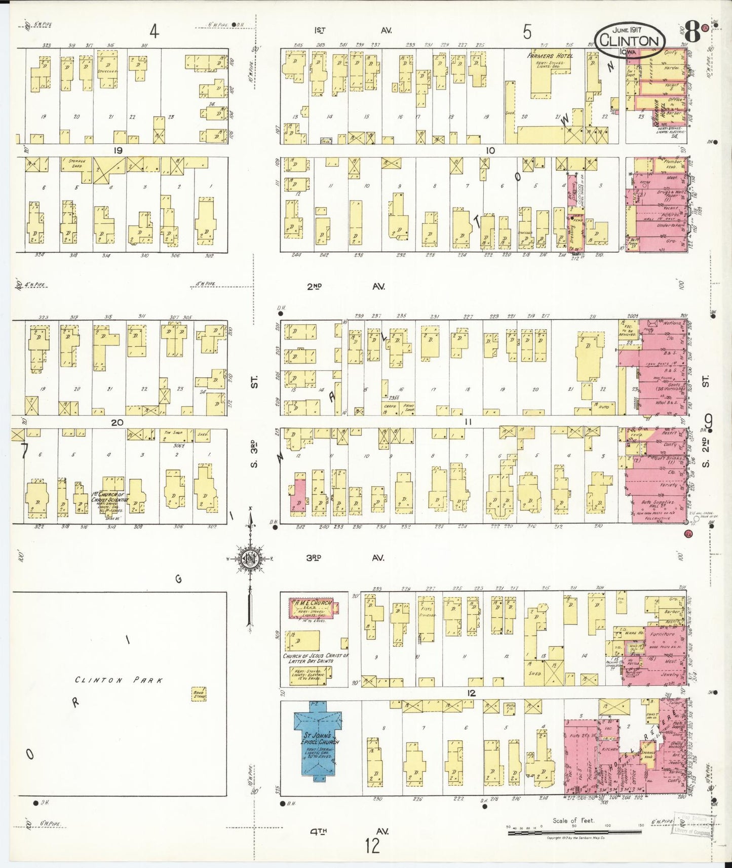 Sanborn Fire Insurance Map from Clinton, Clinton County, Iowa (1917), Sheet #0008 - Historic Sanborn Fire Insurance Map Print, vintage old map wall art
