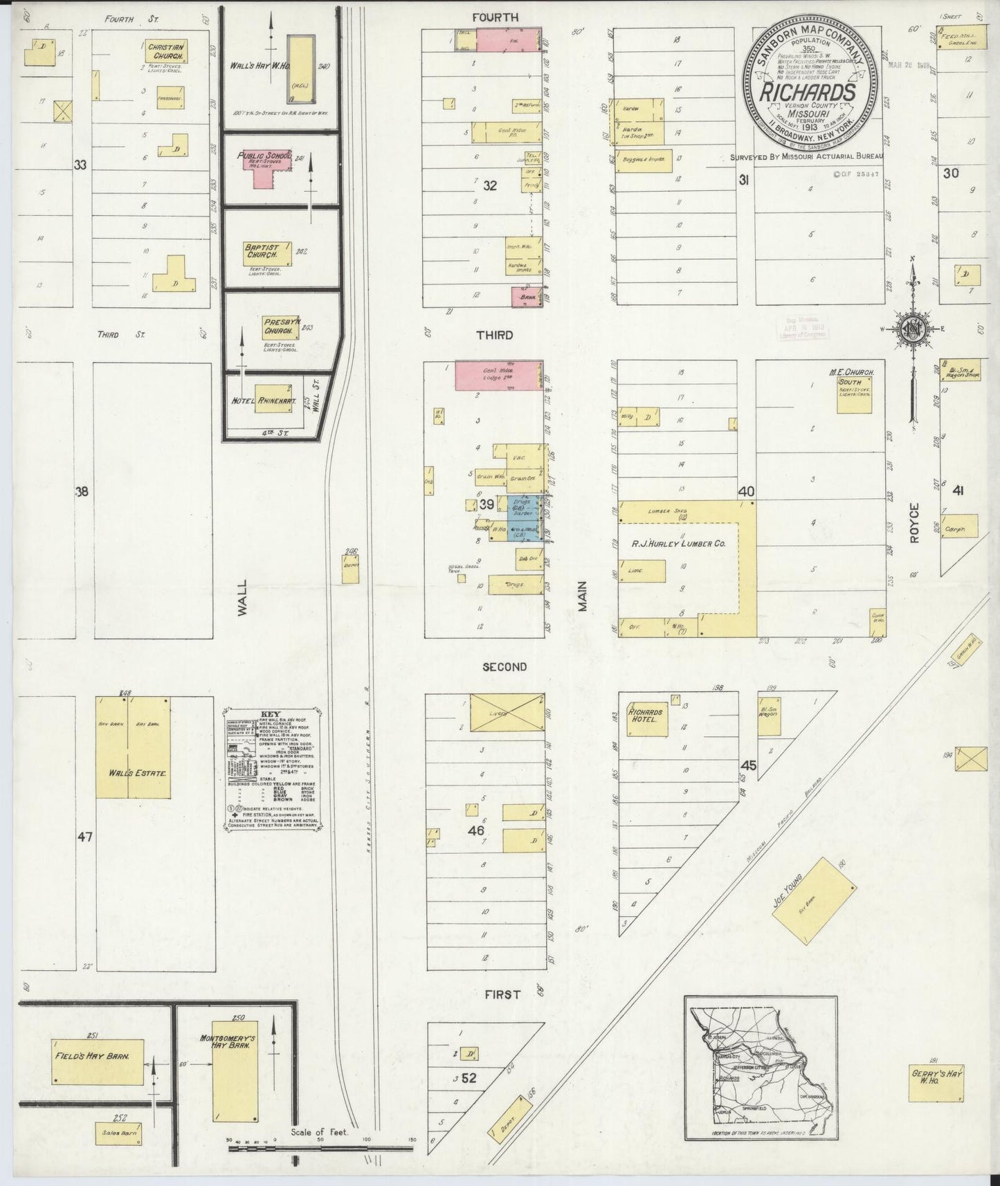 Sanborn Fire Insurance Map from Richards, Vernon County, Missouri (1913), Sheet #0001 - Historic Sanborn Fire Insurance Map Print, vintage old map wall art, antique decor, genealogy gift, Missouri Missouri map