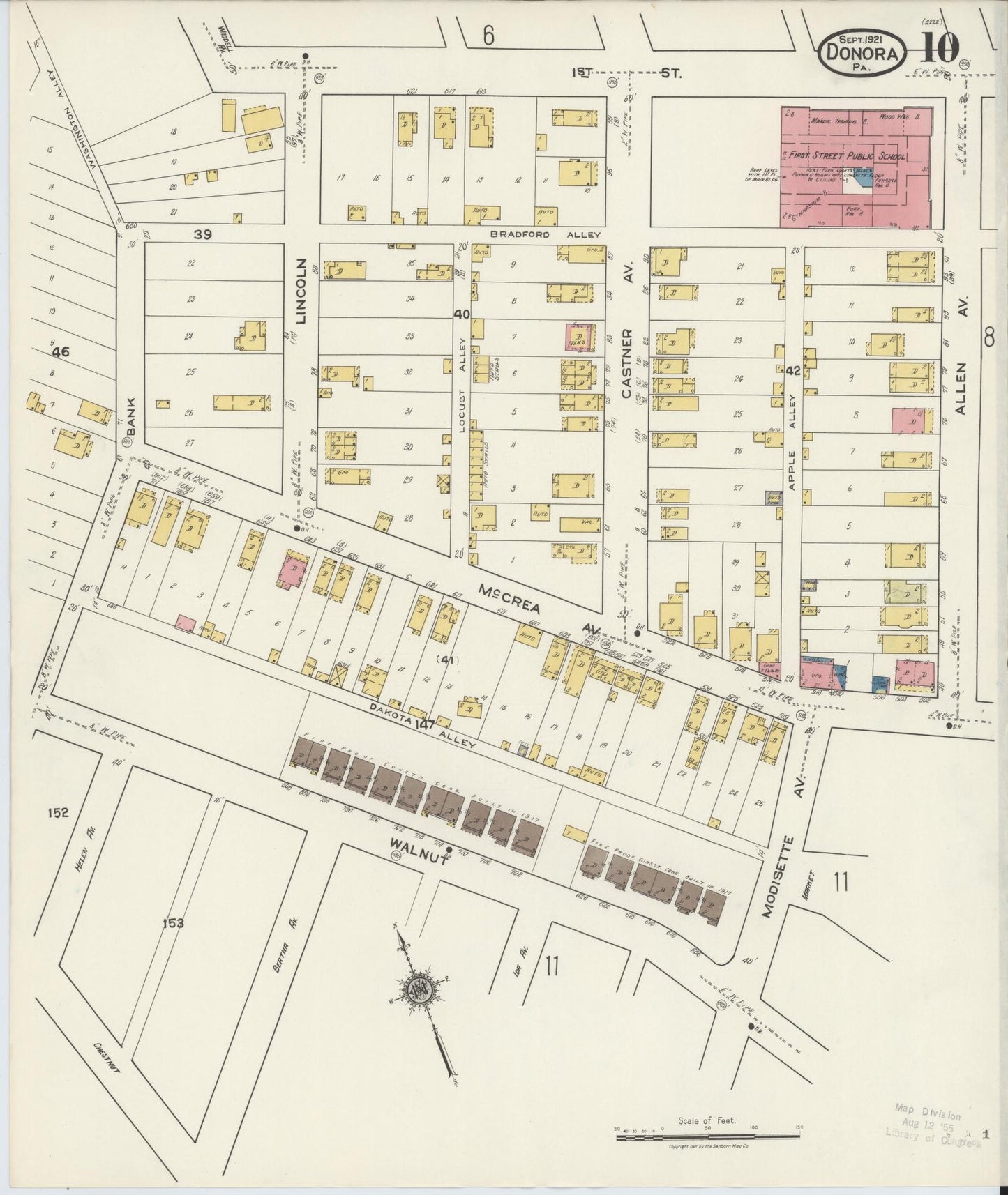 Sanborn Fire Insurance Map from Donora, Washington County, Pennsylvania (1921), Sheet #0010 - Historic Sanborn Fire Insurance Map Print, vintage old map wall art, antique decor, genealogy gift, Pennsylvania Pennsylvania map