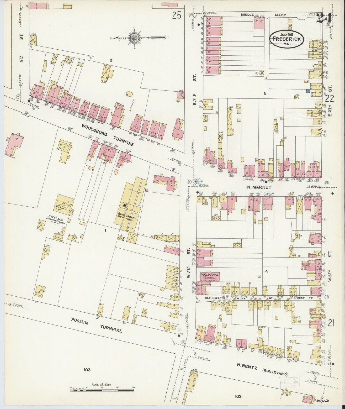 Sanborn Fire Insurance Map from Frederick, Frederick County, Maryland (1911), Sheet #0024 - Historic Sanborn Fire Insurance Map Print, vintage old map wall art