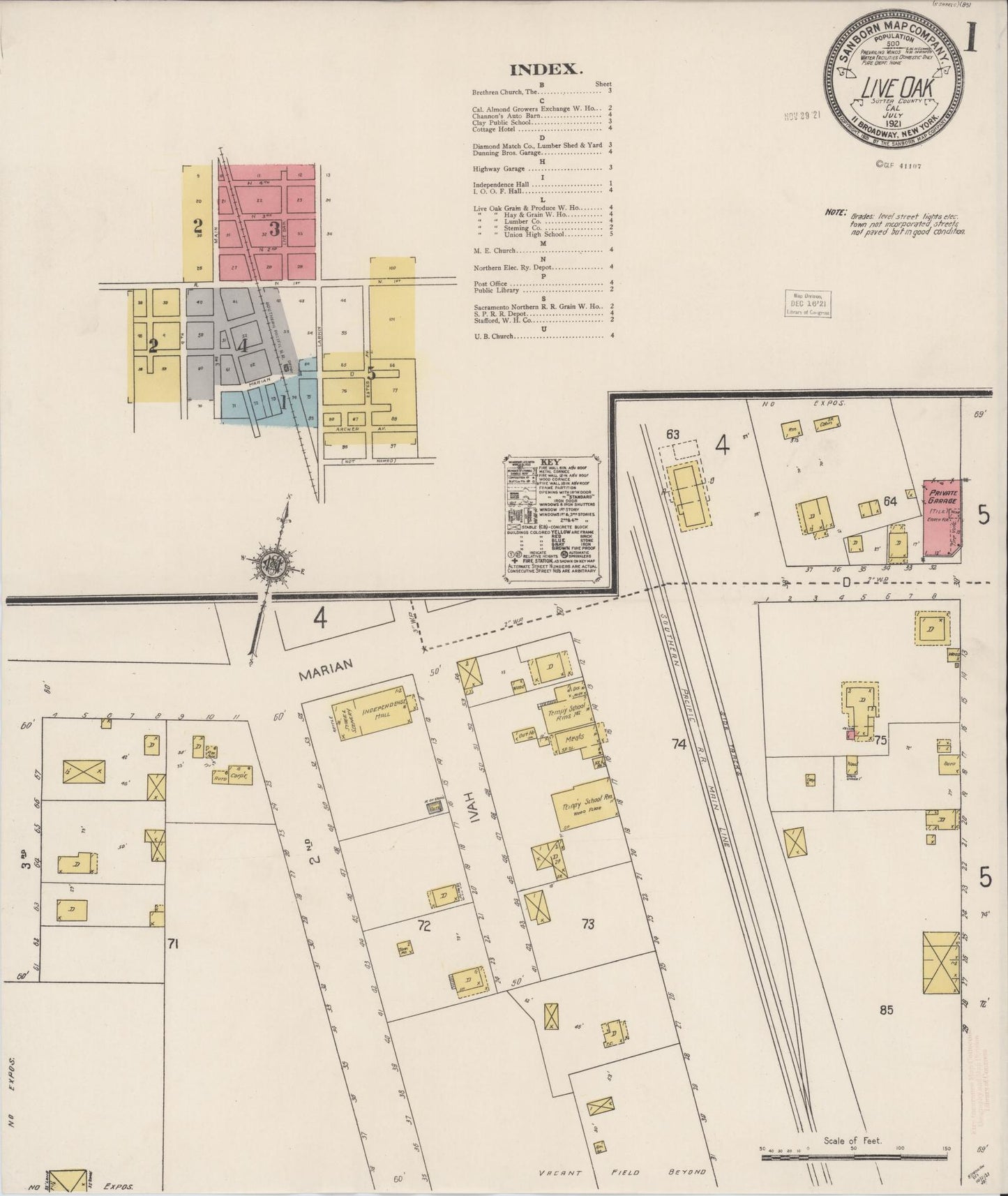 Sanborn Fire Insurance Map from Live Oak, Sutter County, California (1921), Sheet #0001 - Historic Sanborn Fire Insurance Map Print, vintage old map wall art, antique decor, genealogy gift, California California map