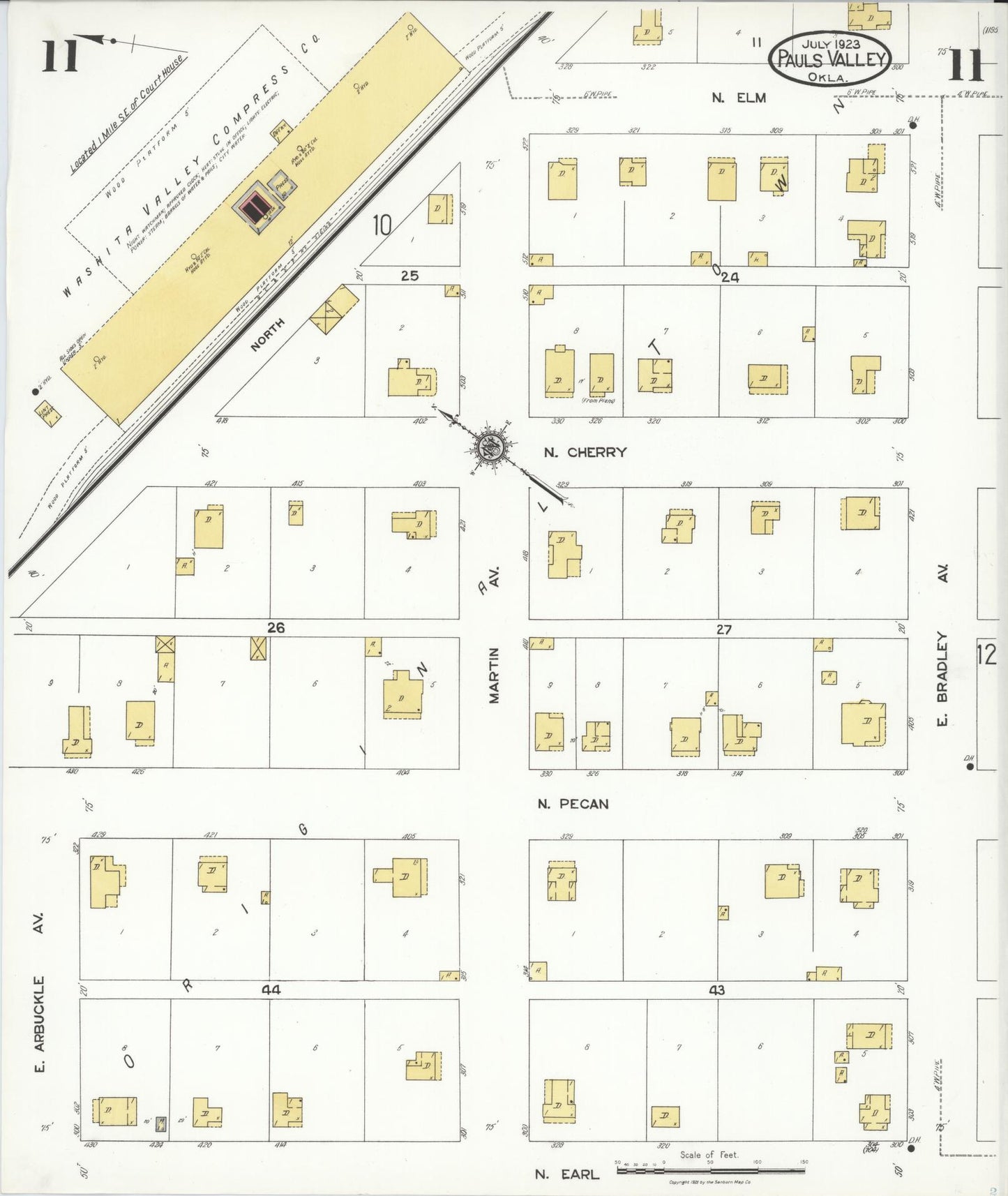 Sanborn Fire Insurance Map from Pauls Valley, Garvin County, Oklahoma (1923), Sheet #0011 - Historic Sanborn Fire Insurance Map Print, vintage old map wall art, antique decor, genealogy gift, Oklahoma Oklahoma map