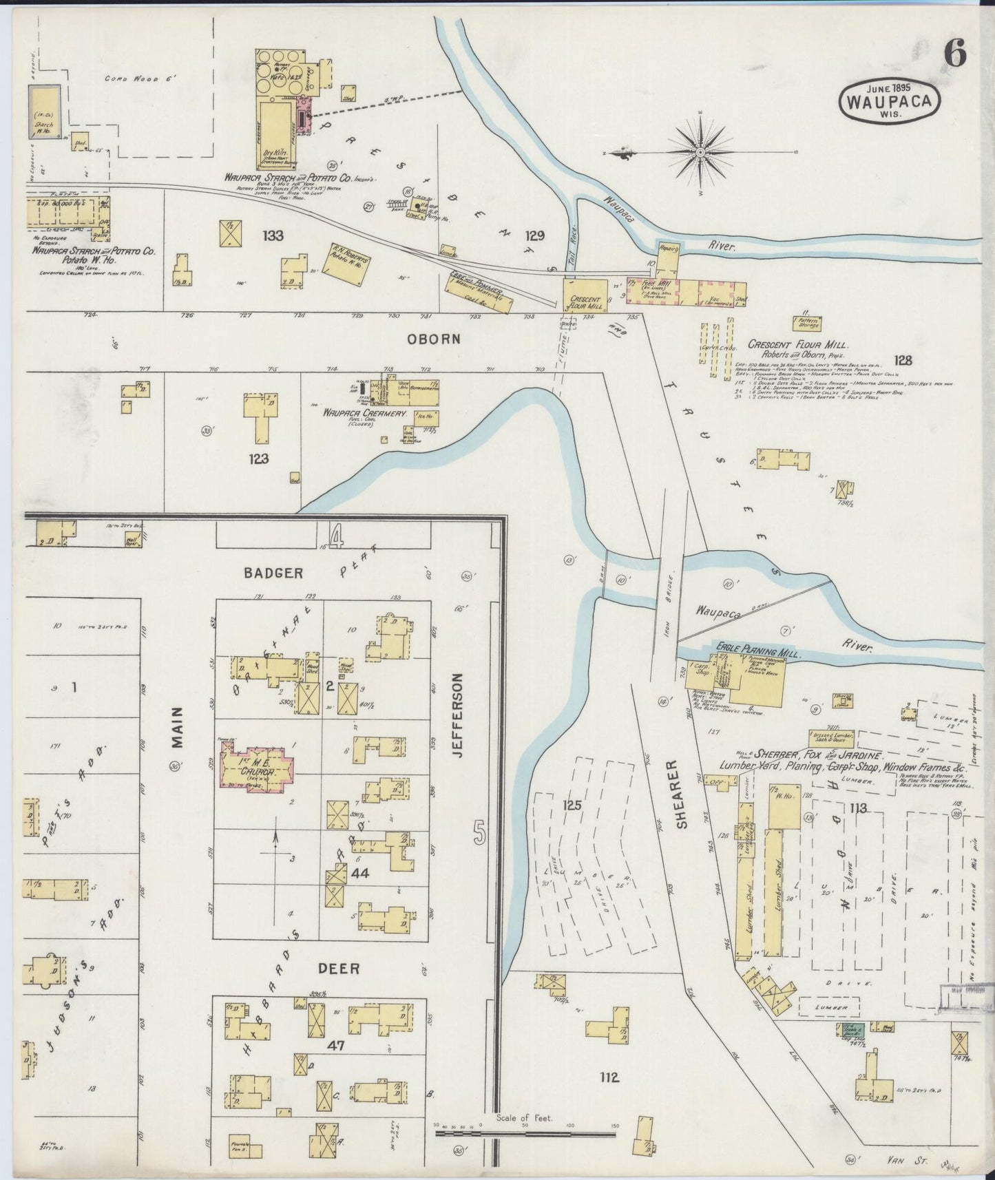Sanborn Fire Insurance Map from Waupaca, Waupaca County, Wisconsin (1895), Sheet #0006 - Historic Sanborn Fire Insurance Map Print, vintage old map wall art, antique decor, genealogy gift, Wisconsin Wisconsin map