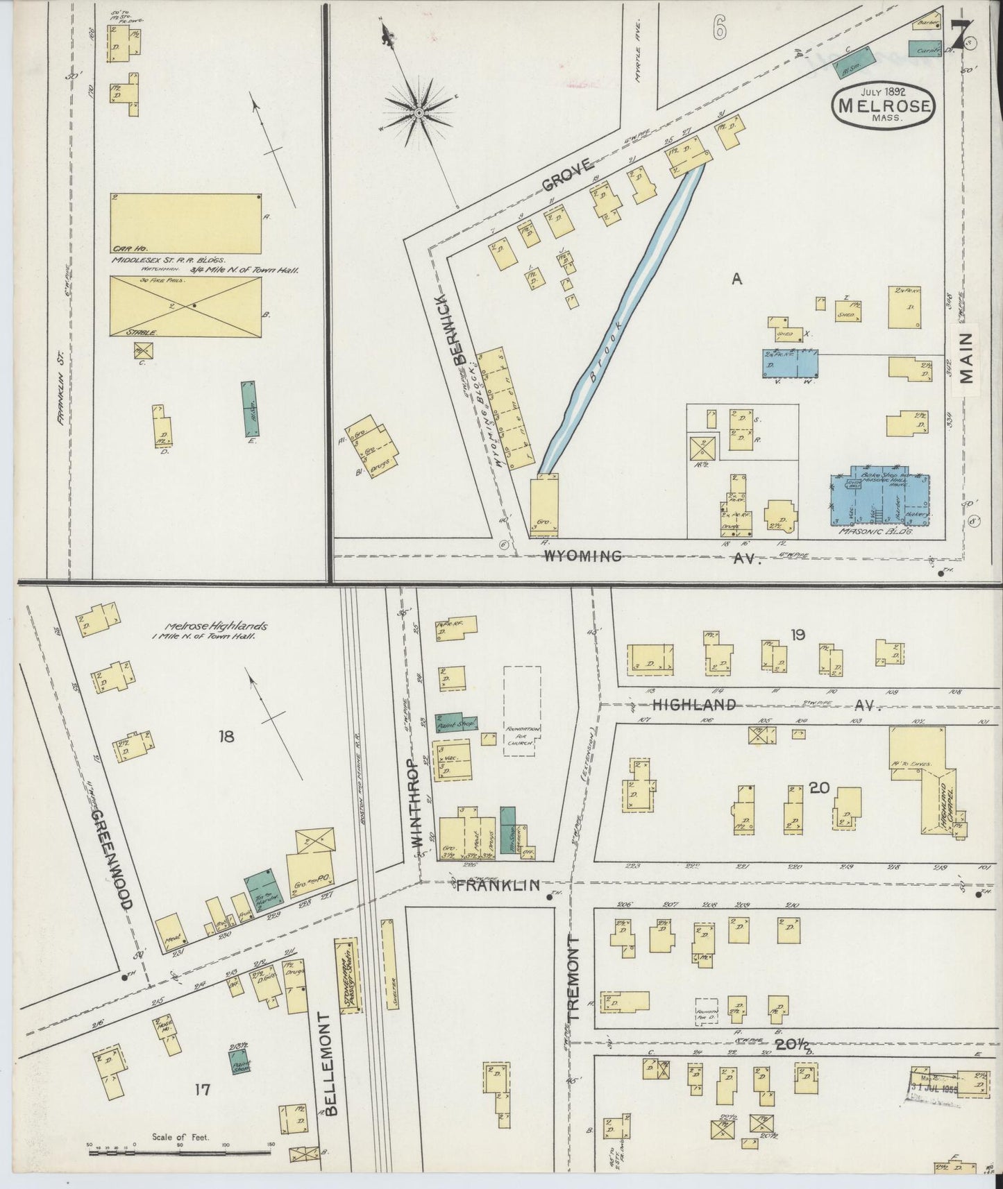 Sanborn Fire Insurance Map from Melrose, Middlesex County, Massachusetts (1892), Sheet #0007 - Historic Sanborn Fire Insurance Map Print, vintage old map wall art, antique decor, genealogy gift, Massachusetts Massachusetts map