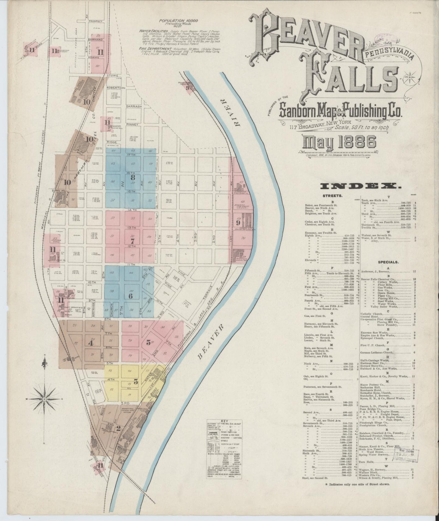 Sanborn Fire Insurance Map from Beaver Falls, Beaver County, Pennsylvania (1886), Sheet #0001 - Historic Sanborn Fire Insurance Map Print, vintage old map wall art, antique decor, genealogy gift, Pennsylvania Pennsylvania map