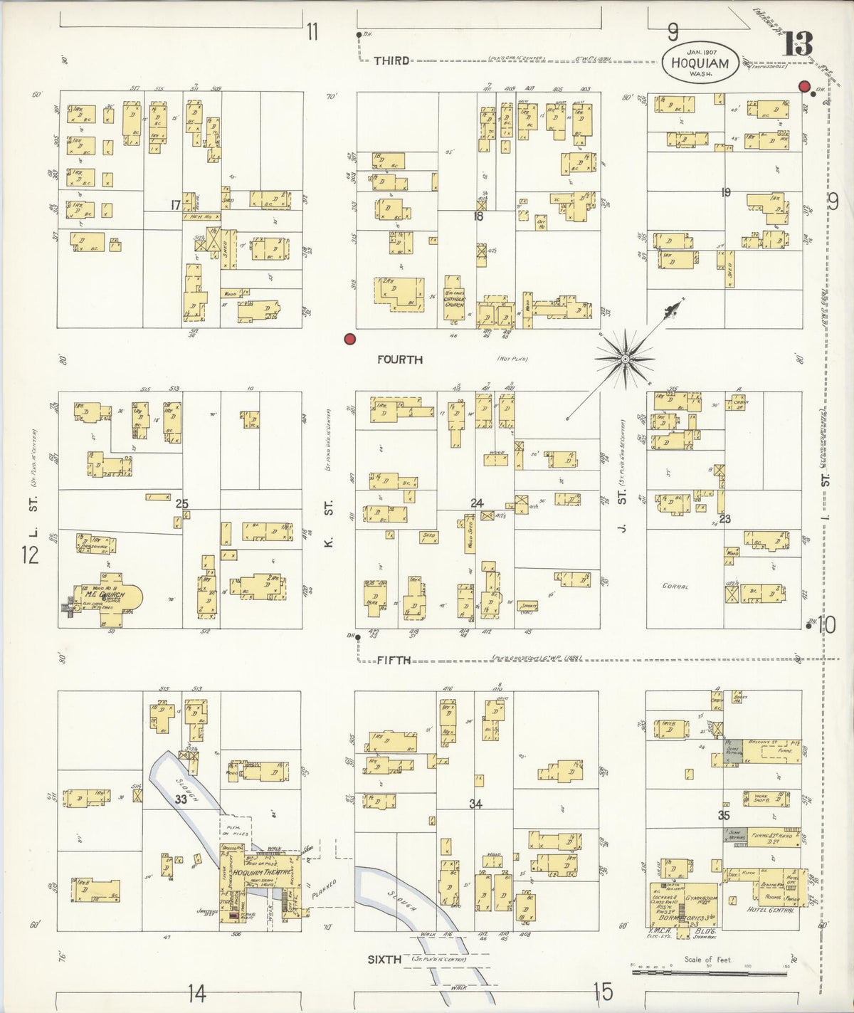 Sanborn Fire Insurance Map from Hoquiam, Grays Harbor County, Washington (1907), Sheet #0013 - Historic Sanborn Fire Insurance Map Print, vintage old map wall art, antique decor, genealogy gift, Washington Washington map